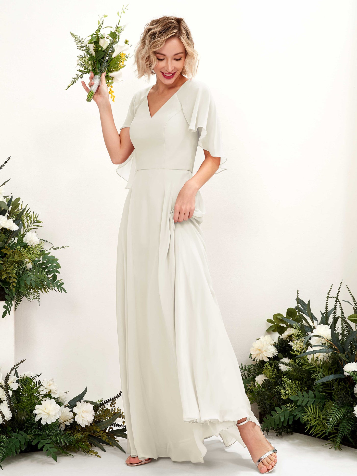 Ivory Bridesmaid Dresses Bridesmaid Dress A-line Chiffon V-neck Full Length Short Sleeves Wedding Party Dress (81224426)#color_ivory