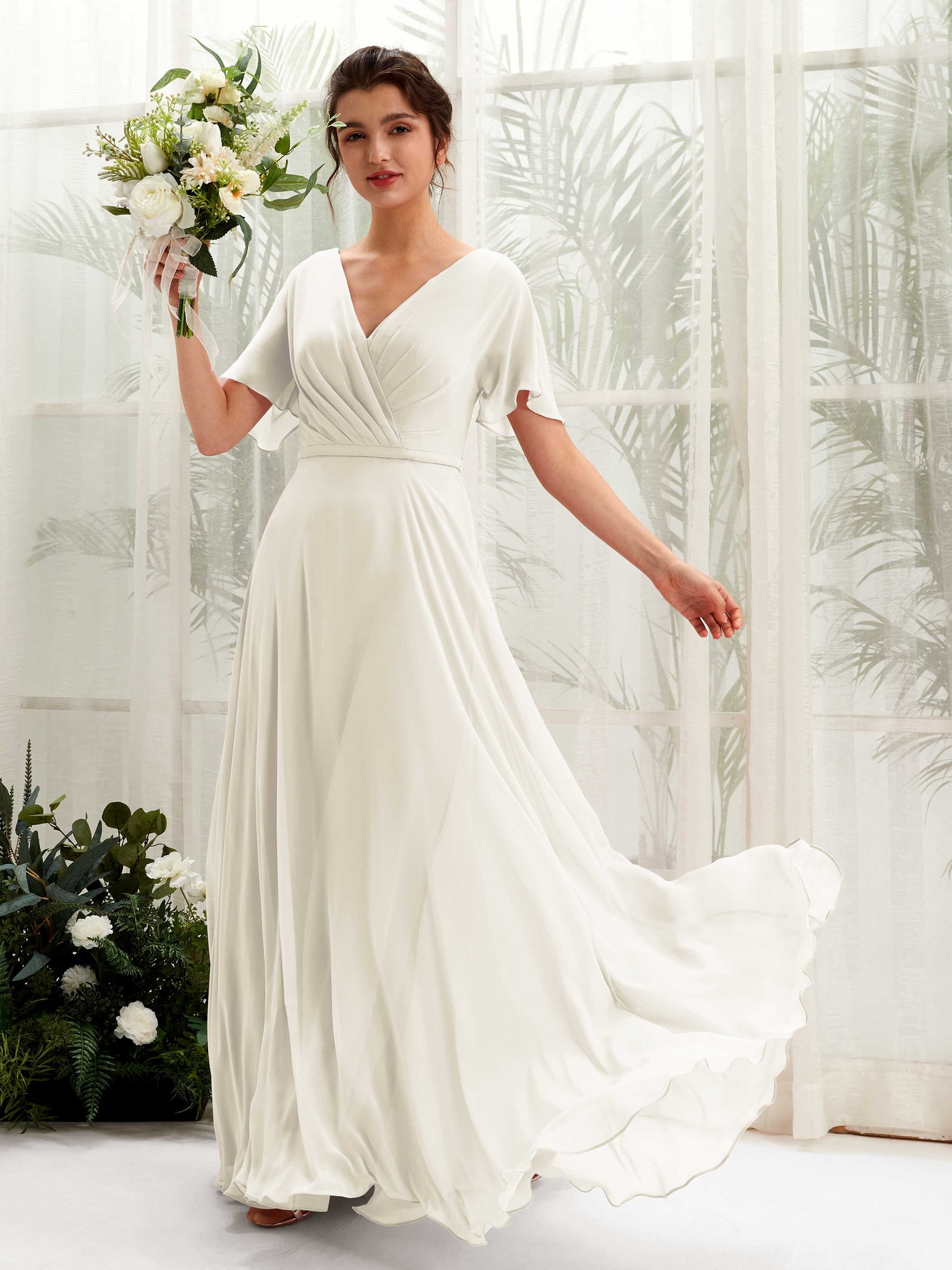 Ivory Bridesmaid Dresses Bridesmaid Dress A-line Chiffon V-neck Full Length Short Sleeves Wedding Party Dress (81224626)#color_ivory