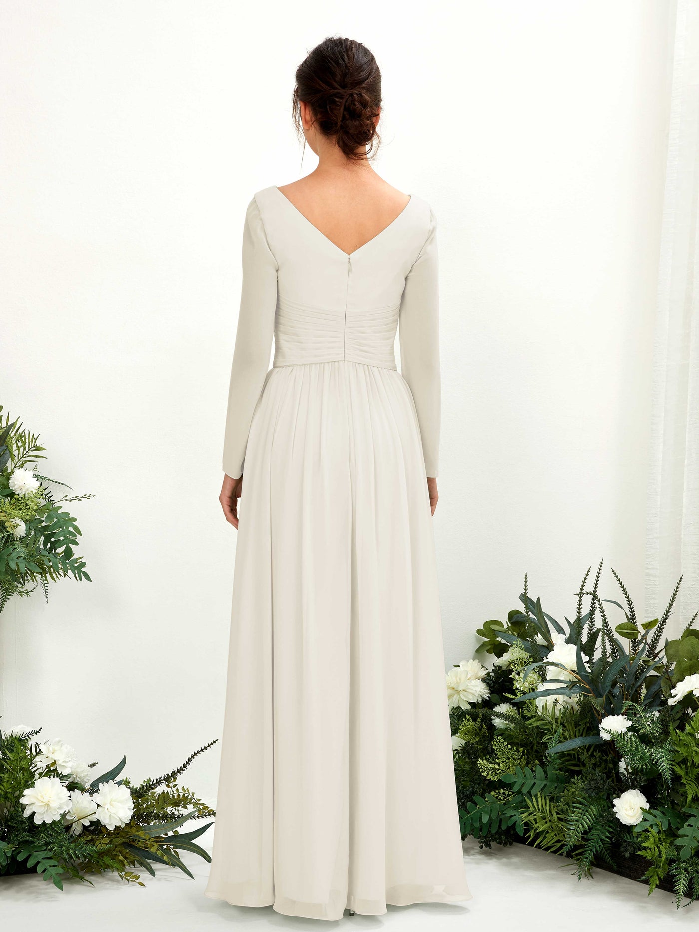 Ivory Bridesmaid Dresses Bridesmaid Dress A-line Chiffon V-neck Full Length Long Sleeves Wedding Party Dress (81220326)#color_ivory
