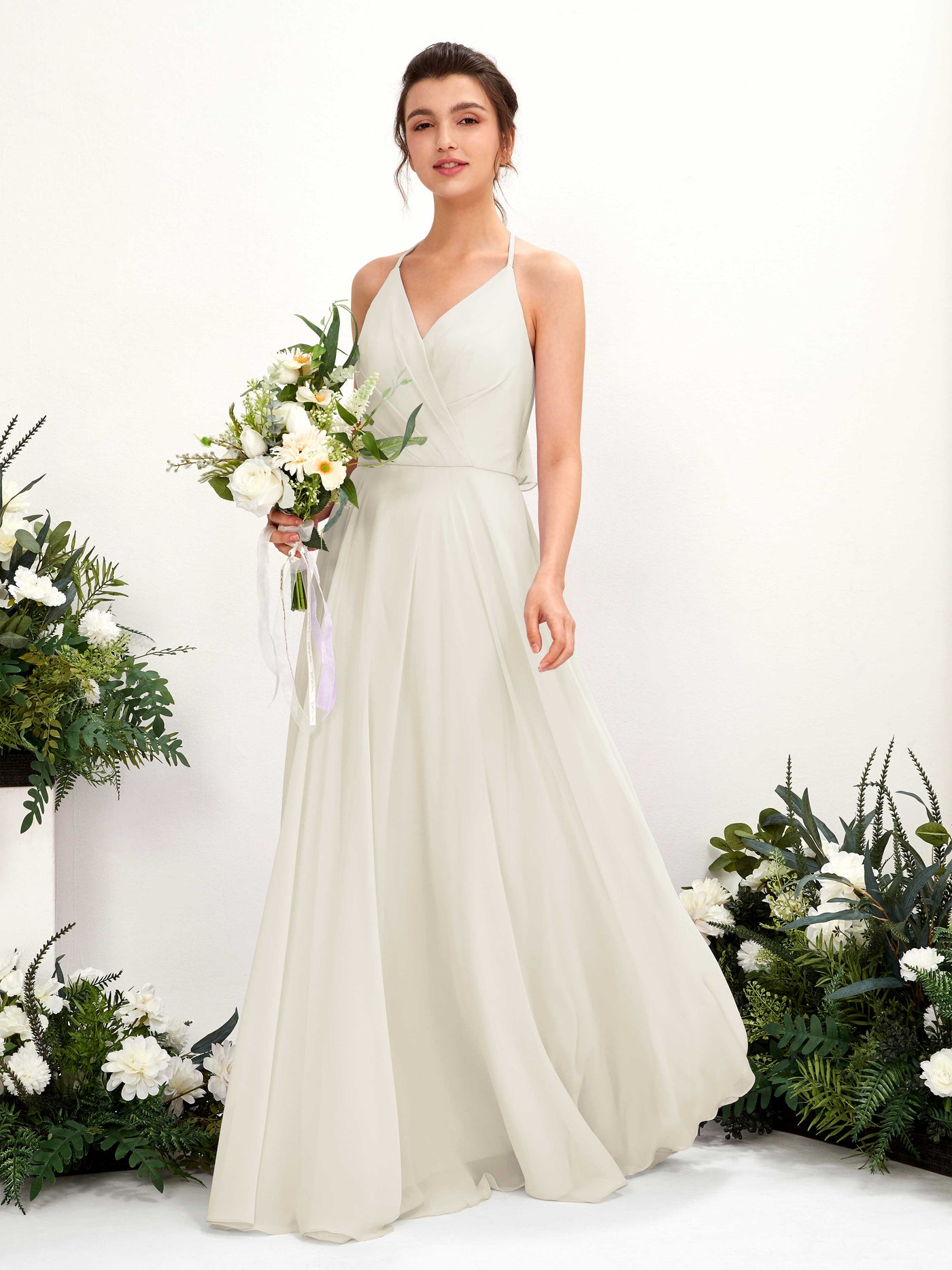 Halter V-neck Sleeveless Chiffon Bridesmaid Dress - Ivory (81221026)#color_ivory
