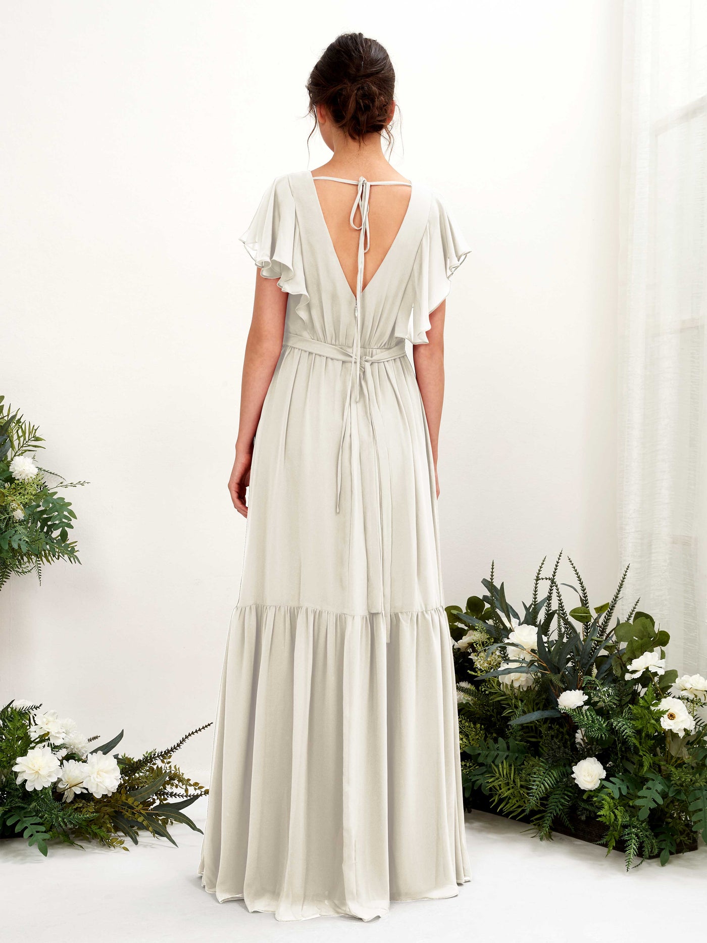 Ivory Bridesmaid Dresses Bridesmaid Dress A-line Chiffon V-neck Full Length Short Sleeves Wedding Party Dress (81225926)#color_ivory