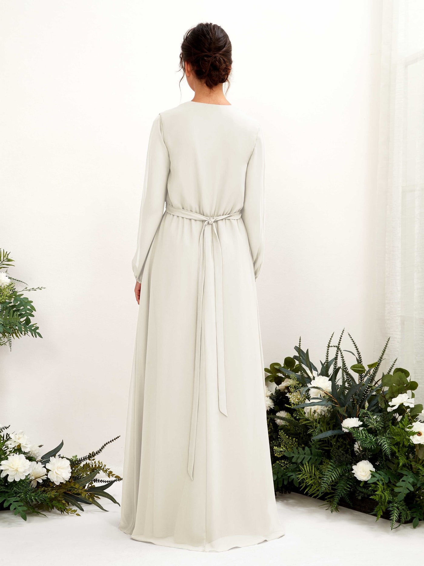 Ivory Bridesmaid Dresses Bridesmaid Dress A-line Chiffon V-neck Full Length Long Sleeves Wedding Party Dress (81223226)#color_ivory