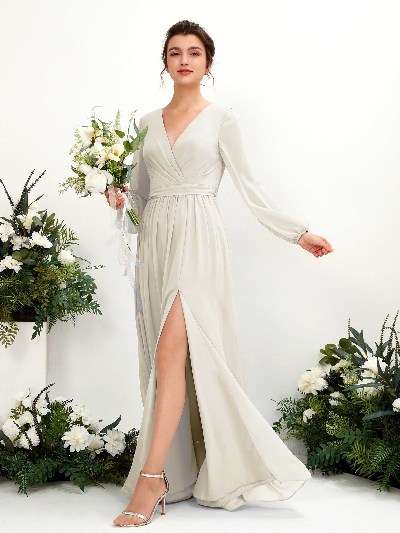 Ivory Bridesmaid Dresses Bridesmaid Dress A-line Chiffon V-neck Full Length Long Sleeves Wedding Party Dress (81223826)#color_ivory