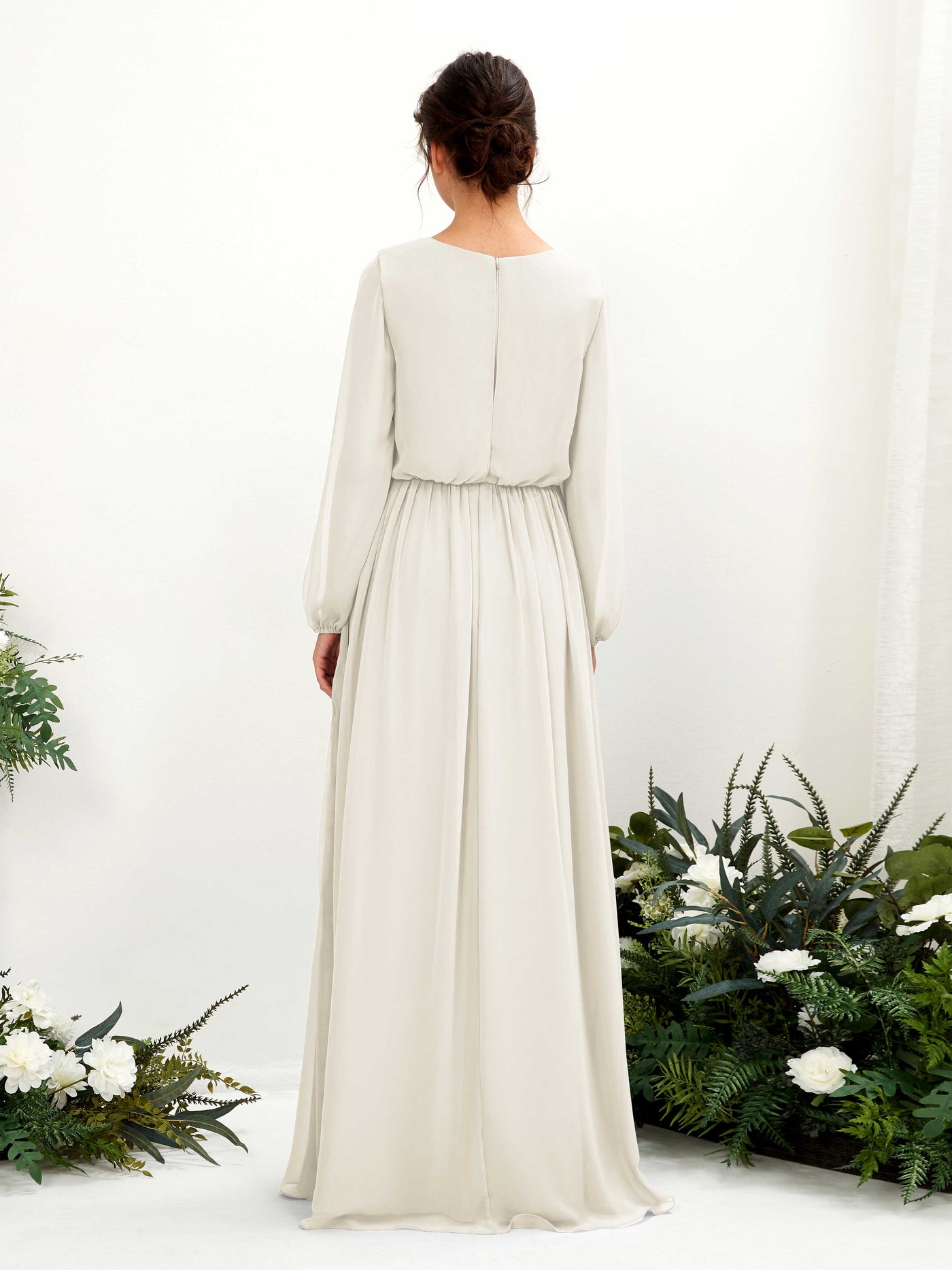 Ivory Bridesmaid Dresses Bridesmaid Dress A-line Chiffon V-neck Full Length Long Sleeves Wedding Party Dress (81223826)#color_ivory