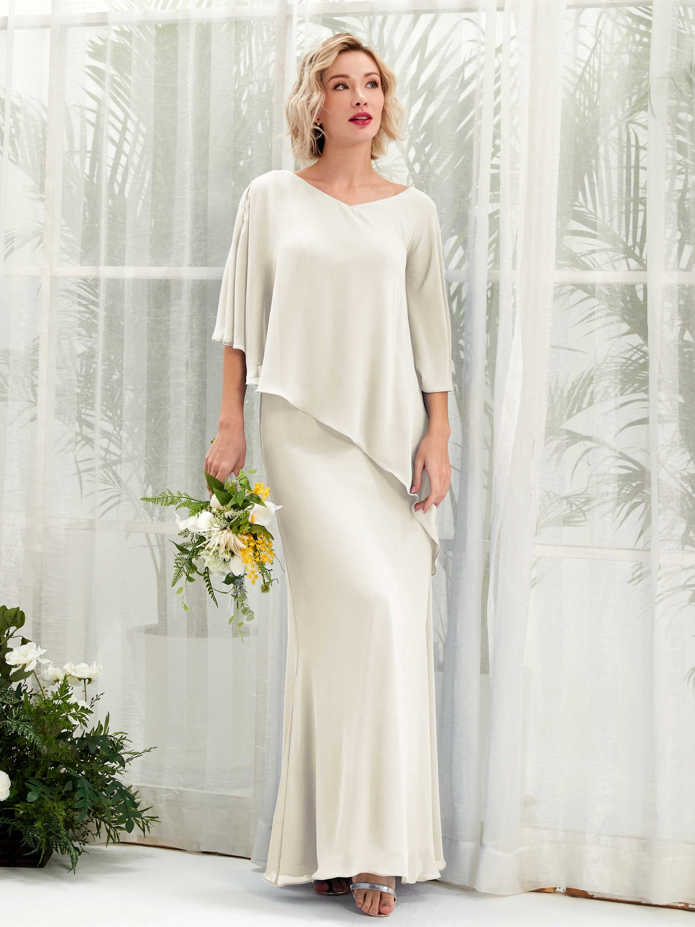 Ivory Bridesmaid Dresses Bridesmaid Dress Bohemian Chiffon V-neck Full Length 3/4 Sleeves Wedding Party Dress (81222526)#color_ivory