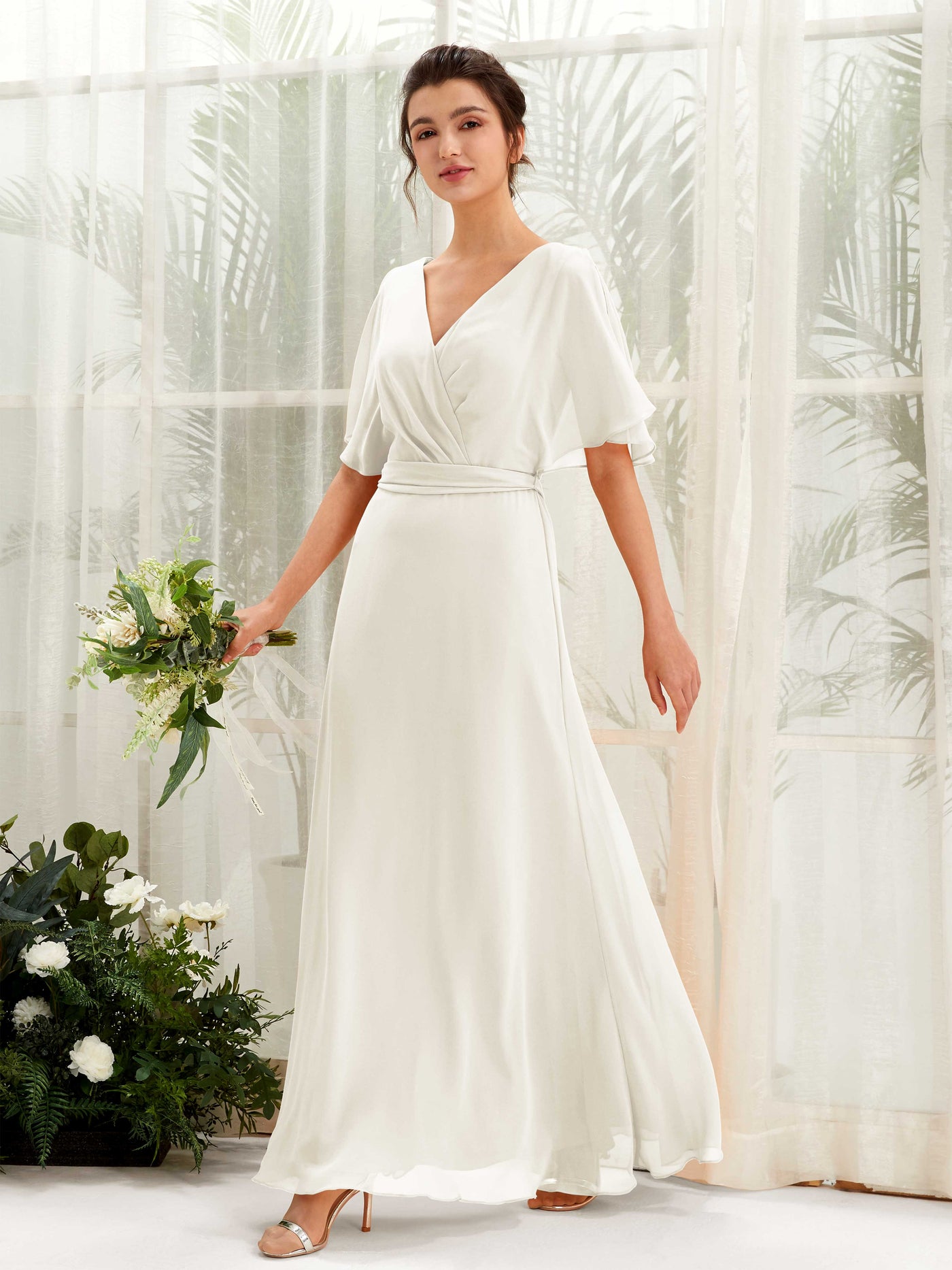 Ivory Bridesmaid Dresses Bridesmaid Dress A-line Chiffon V-neck Full Length Short Sleeves Wedding Party Dress (81222426)#color_ivory