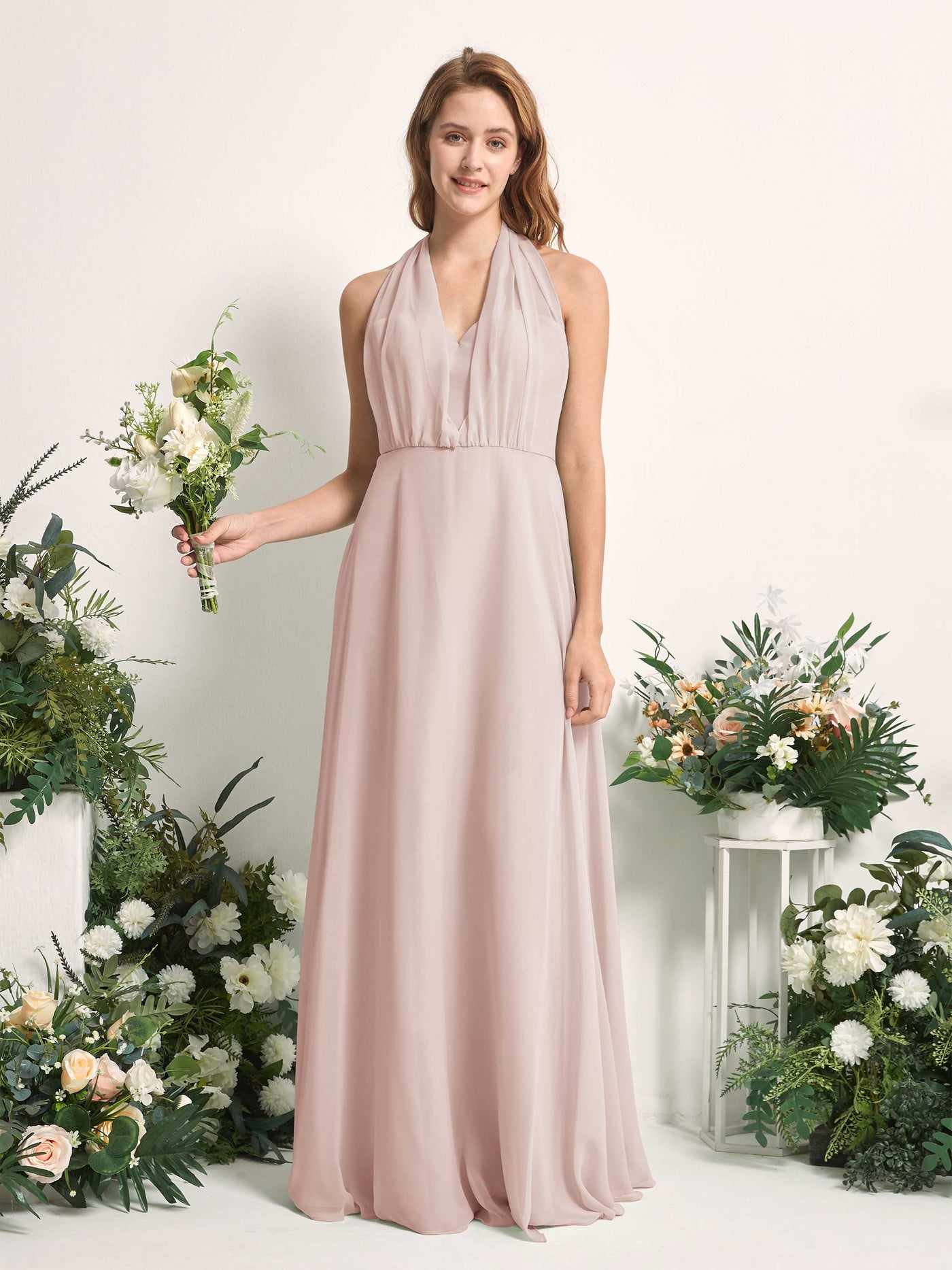 Biscotti Bridesmaid Dresses Bridesmaid Dress A-line Chiffon Halter Full Length Short Sleeves Wedding Party Dress (81226335)#color_biscotti