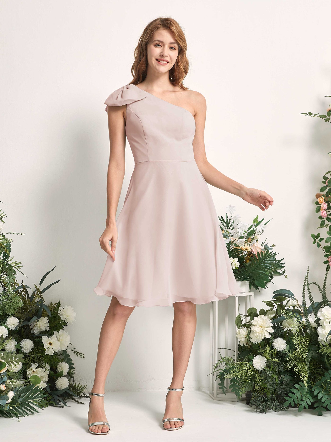 Bridesmaid Dress A-line Chiffon One Shoulder Knee Length Sleeveless Wedding Party Dress - Biscotti (81227035)#color_biscotti