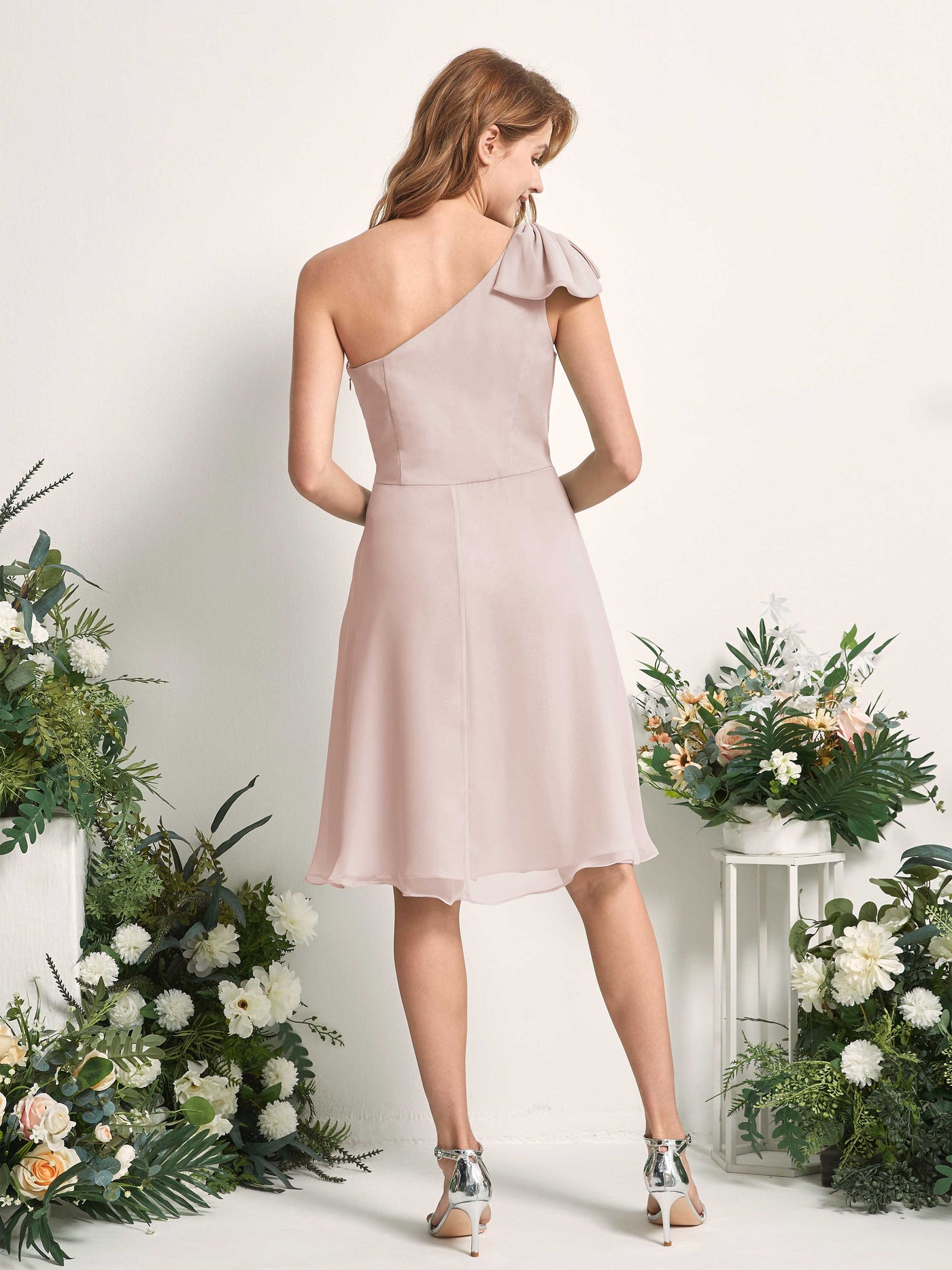 Bridesmaid Dress A-line Chiffon One Shoulder Knee Length Sleeveless Wedding Party Dress - Biscotti (81227035)#color_biscotti