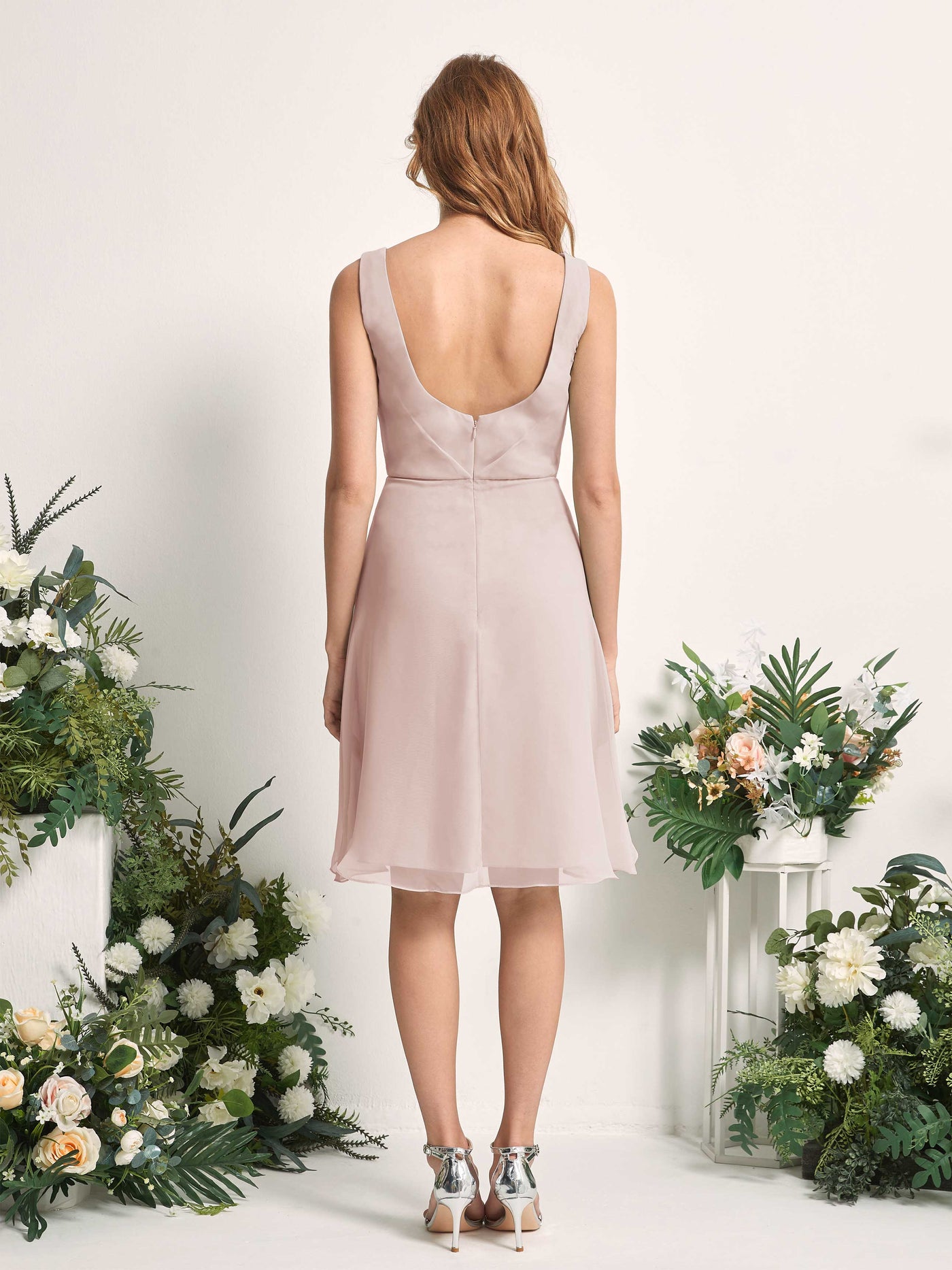 Bridesmaid Dress A-line Chiffon Straps Knee Length Sleeveless Wedding Party Dress - Biscotti (81226635)#color_biscotti
