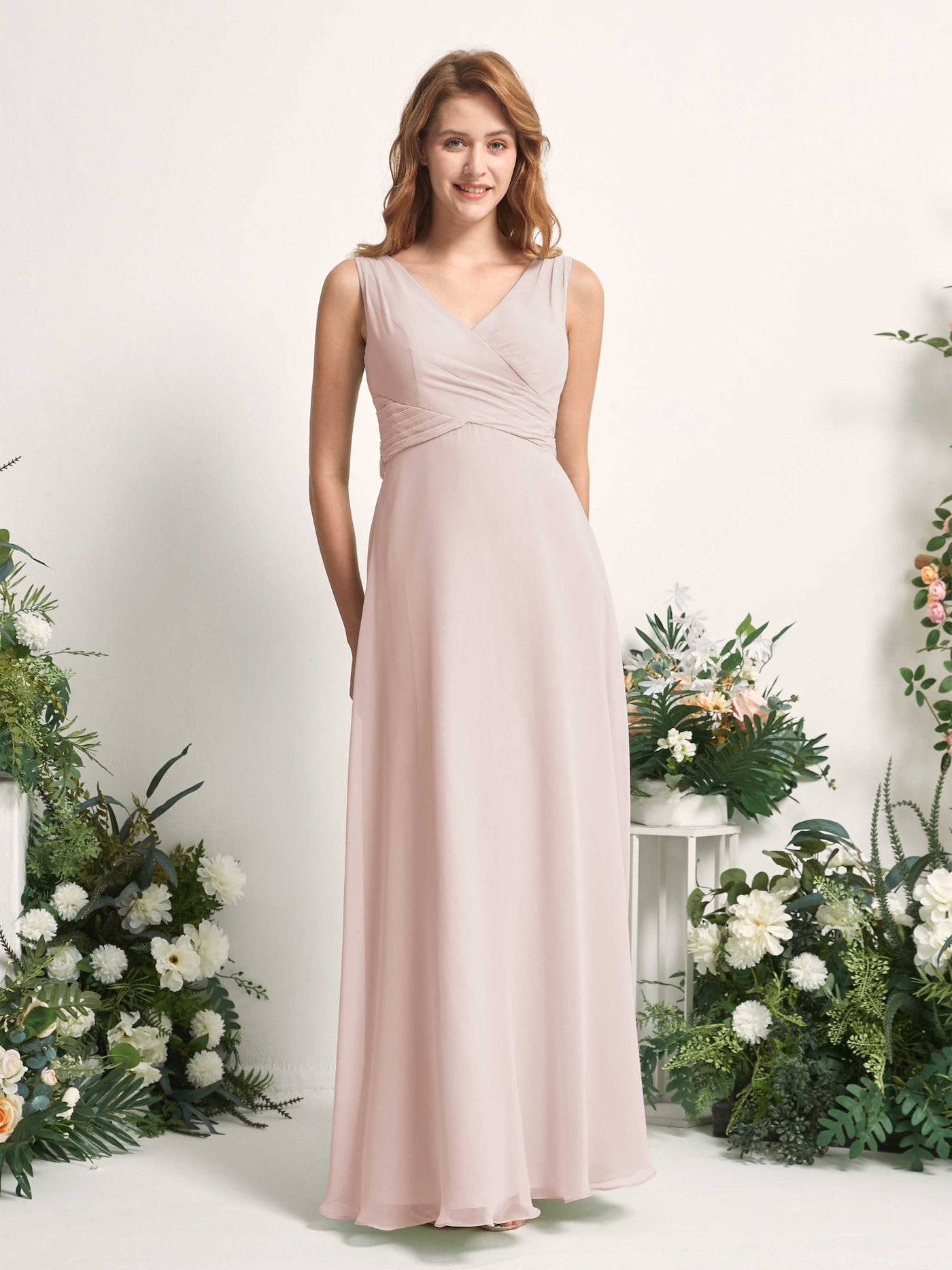 Bridesmaid Dress A-line Chiffon Straps Full Length Sleeveless Wedding Party Dress - Biscotti (81227335)#color_biscotti