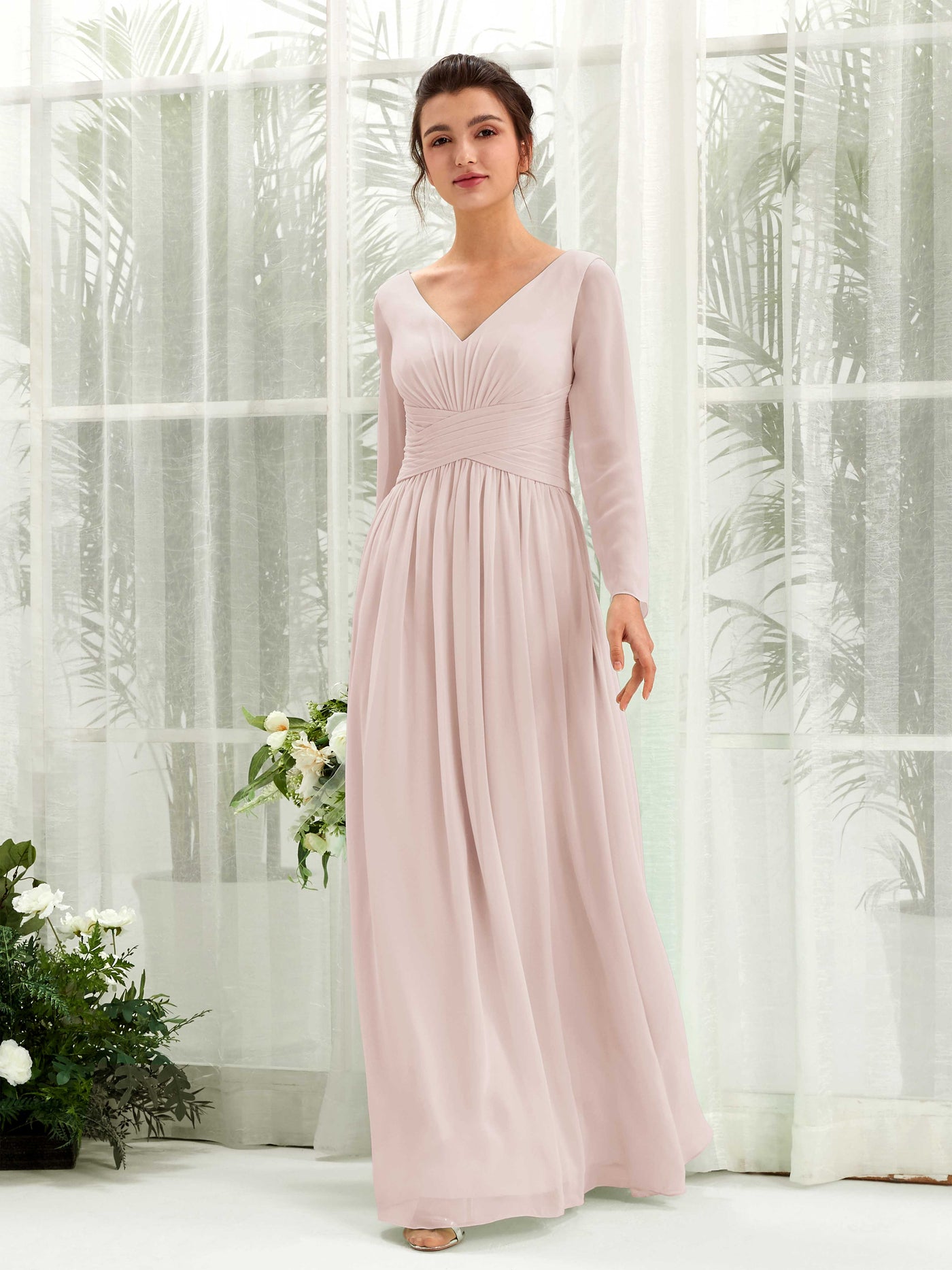 Biscotti Bridesmaid Dresses Bridesmaid Dress A-line Chiffon V-neck Full Length Long Sleeves Wedding Party Dress (81220335)#color_biscotti