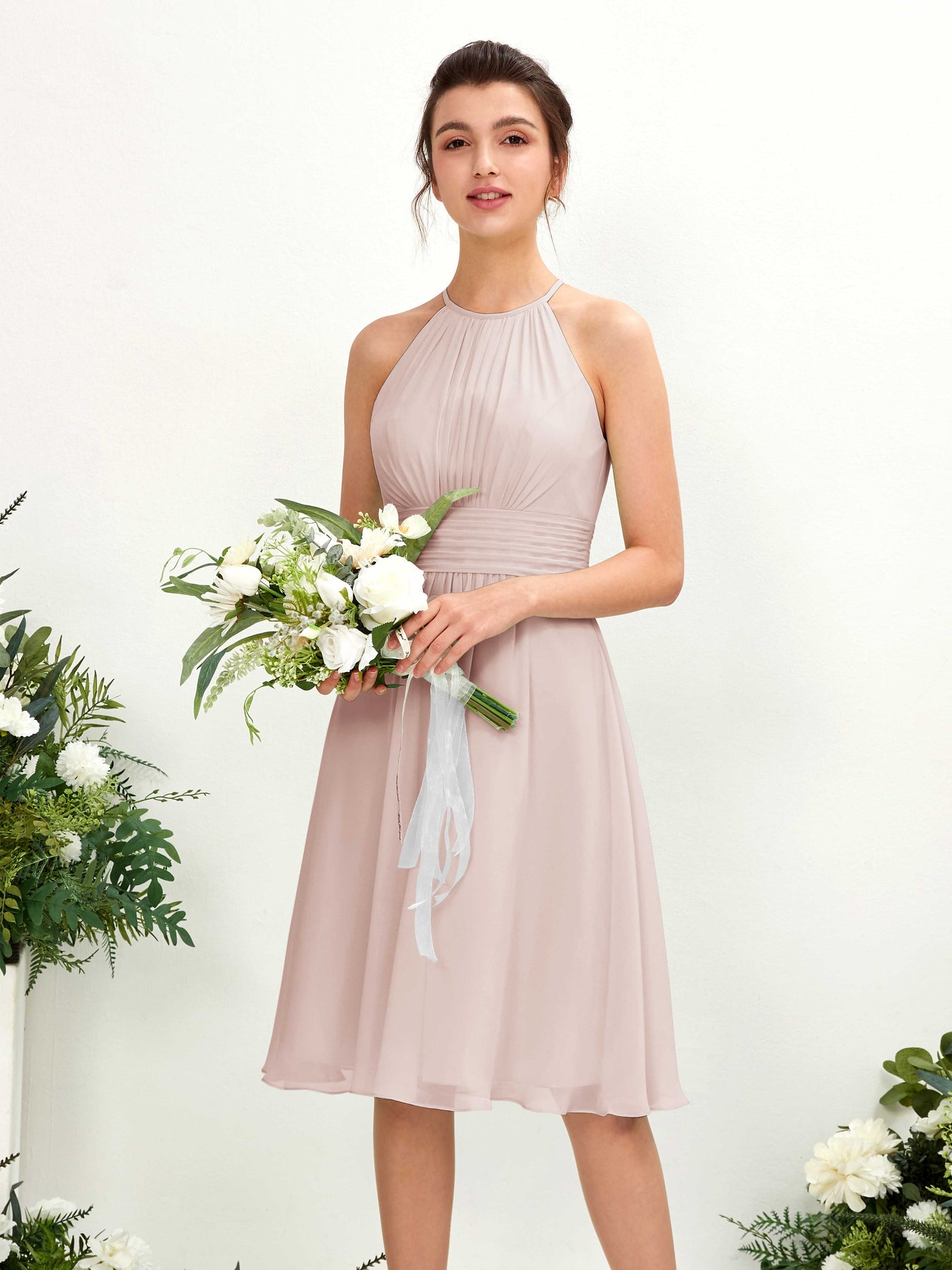 Biscotti Bridesmaid Dresses Bridesmaid Dress A-line Chiffon Halter Knee Length Sleeveless Wedding Party Dress (81220135)#color_biscotti