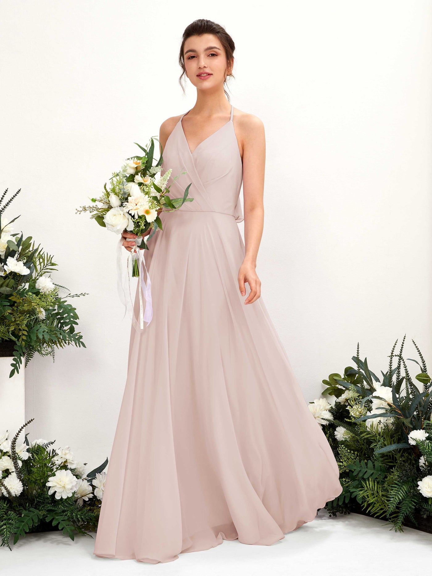 Halter V-neck Sleeveless Chiffon Bridesmaid Dress - Biscotti (81221035)#color_biscotti