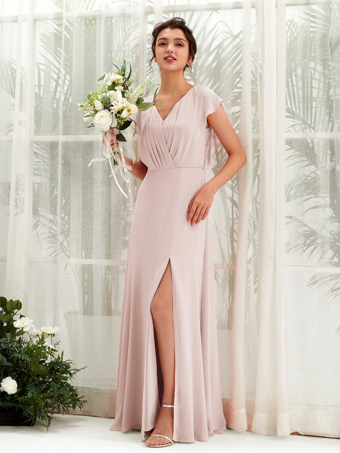 Biscotti Bridesmaid Dresses Bridesmaid Dress A-line Chiffon V-neck Full Length Short Sleeves Wedding Party Dress (81225635)#color_biscotti