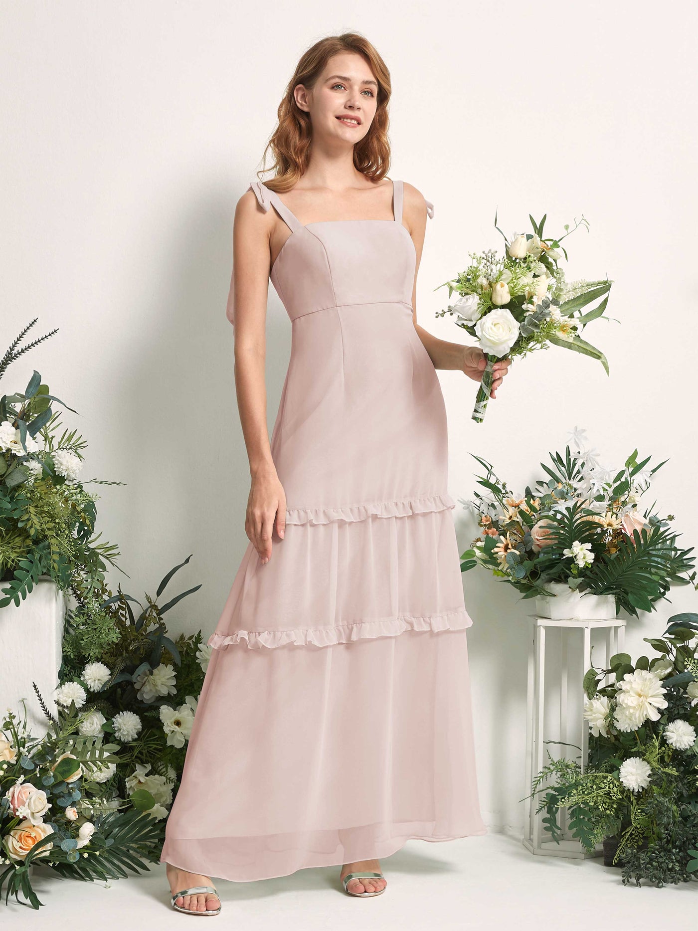 Bridesmaid Dress Chiffon Straps Full Length Sleeveless Wedding Party Dress - Biscotti (81227535)#color_biscotti
