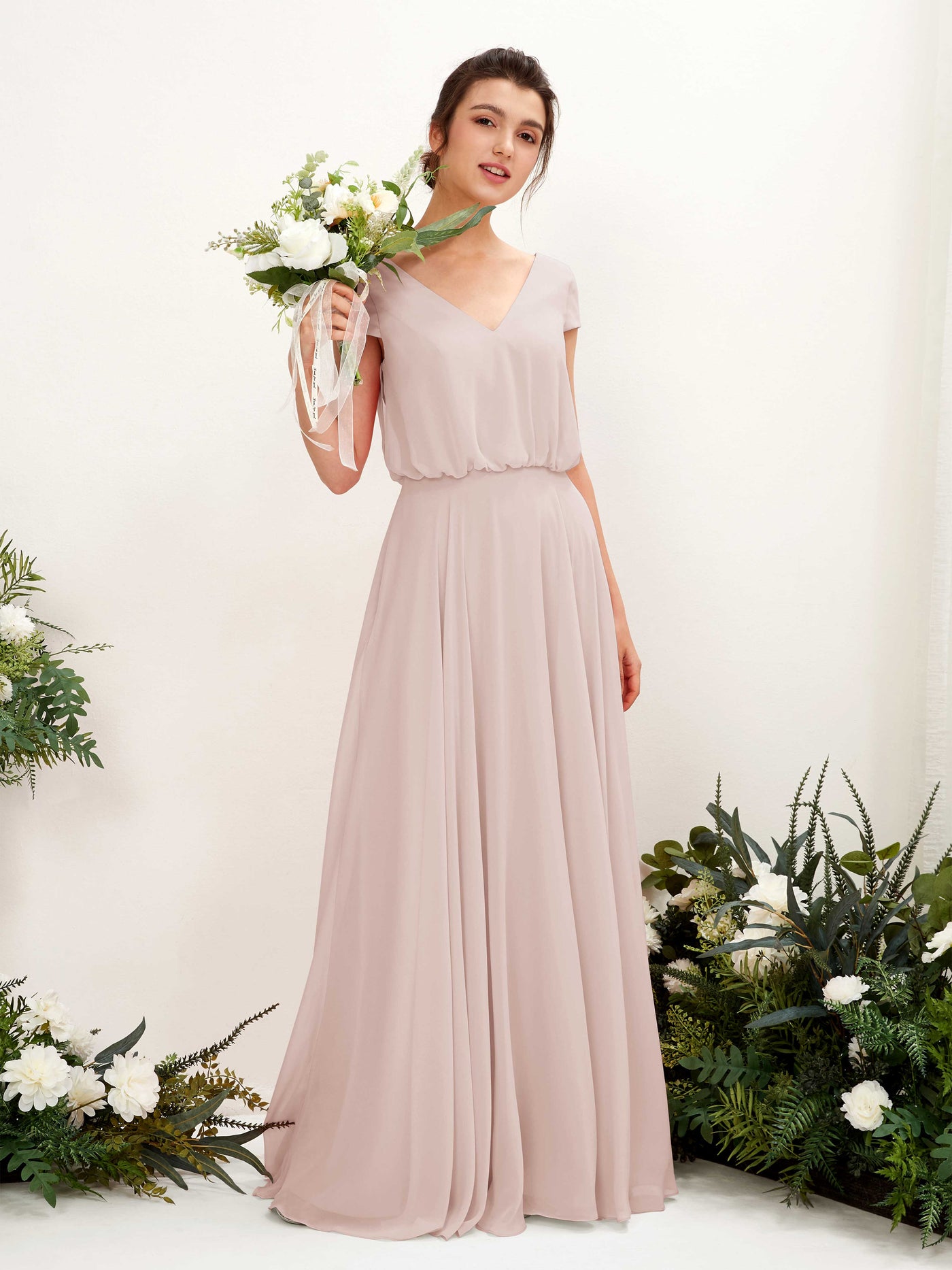 Biscotti Bridesmaid Dresses Bridesmaid Dress A-line Chiffon V-neck Full Length Short Sleeves Wedding Party Dress (81221835)#color_biscotti