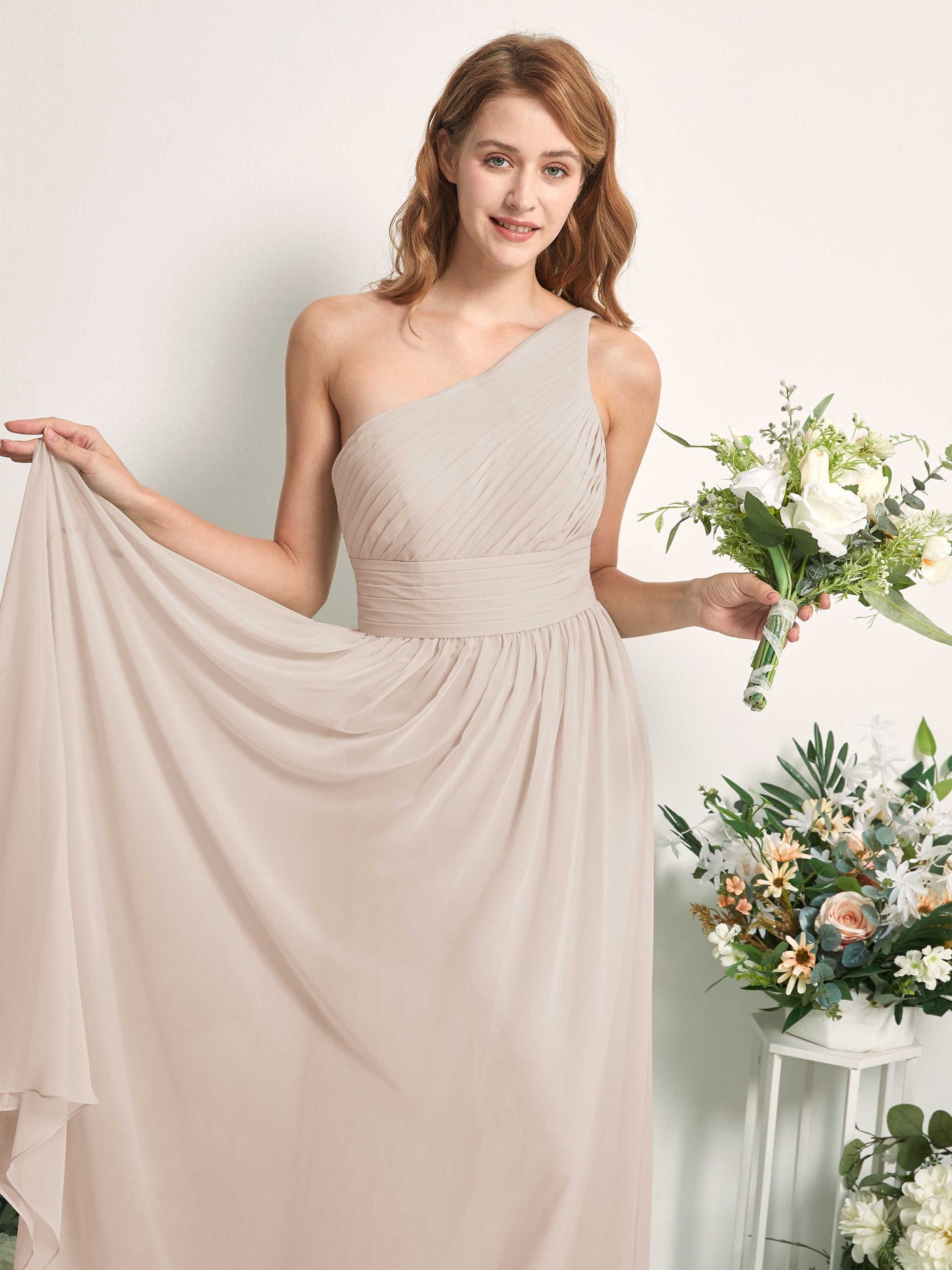 Bridesmaid Dress A-line Chiffon One Shoulder Full Length Sleeveless Wedding Party Dress - Champagne (81226716)#color_champagne