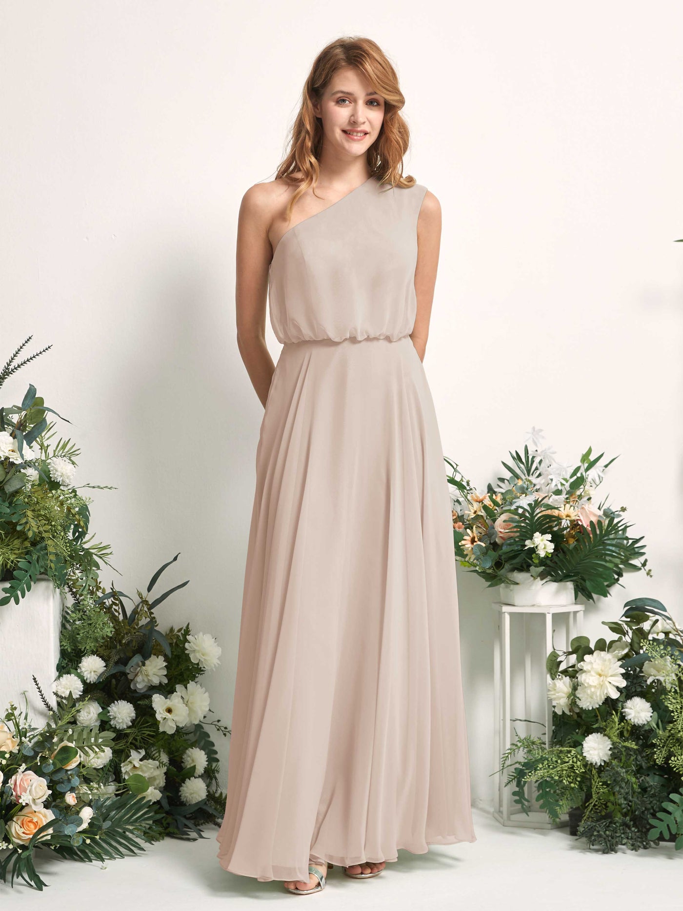 Bridesmaid Dress A-line Chiffon One Shoulder Full Length Sleeveless Wedding Party Dress - Champagne (81226816)#color_champagne