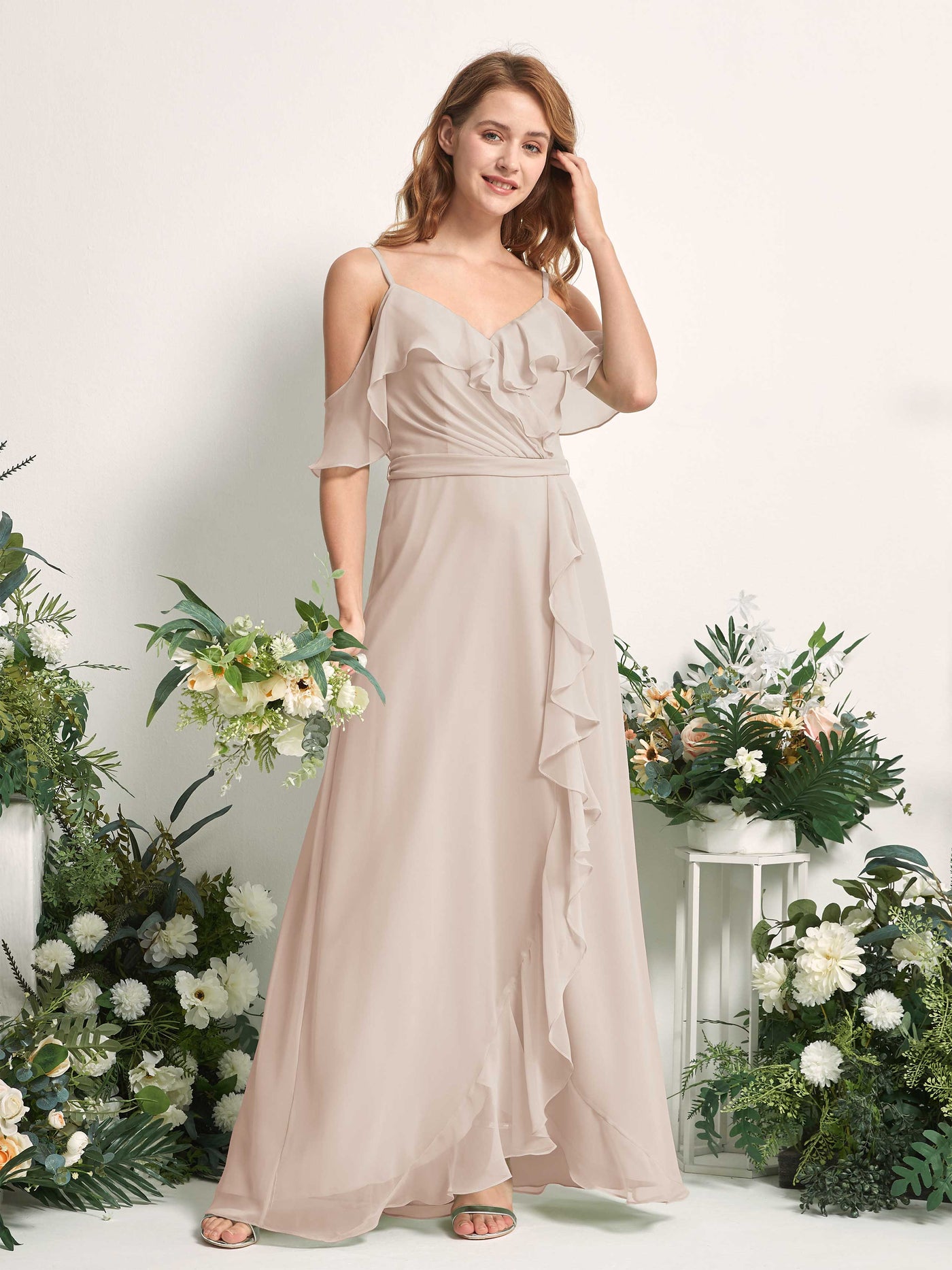 Bridesmaid Dress A-line Chiffon Spaghetti-straps Full Length Sleeveless Wedding Party Dress - Champagne (81227416)#color_champagne
