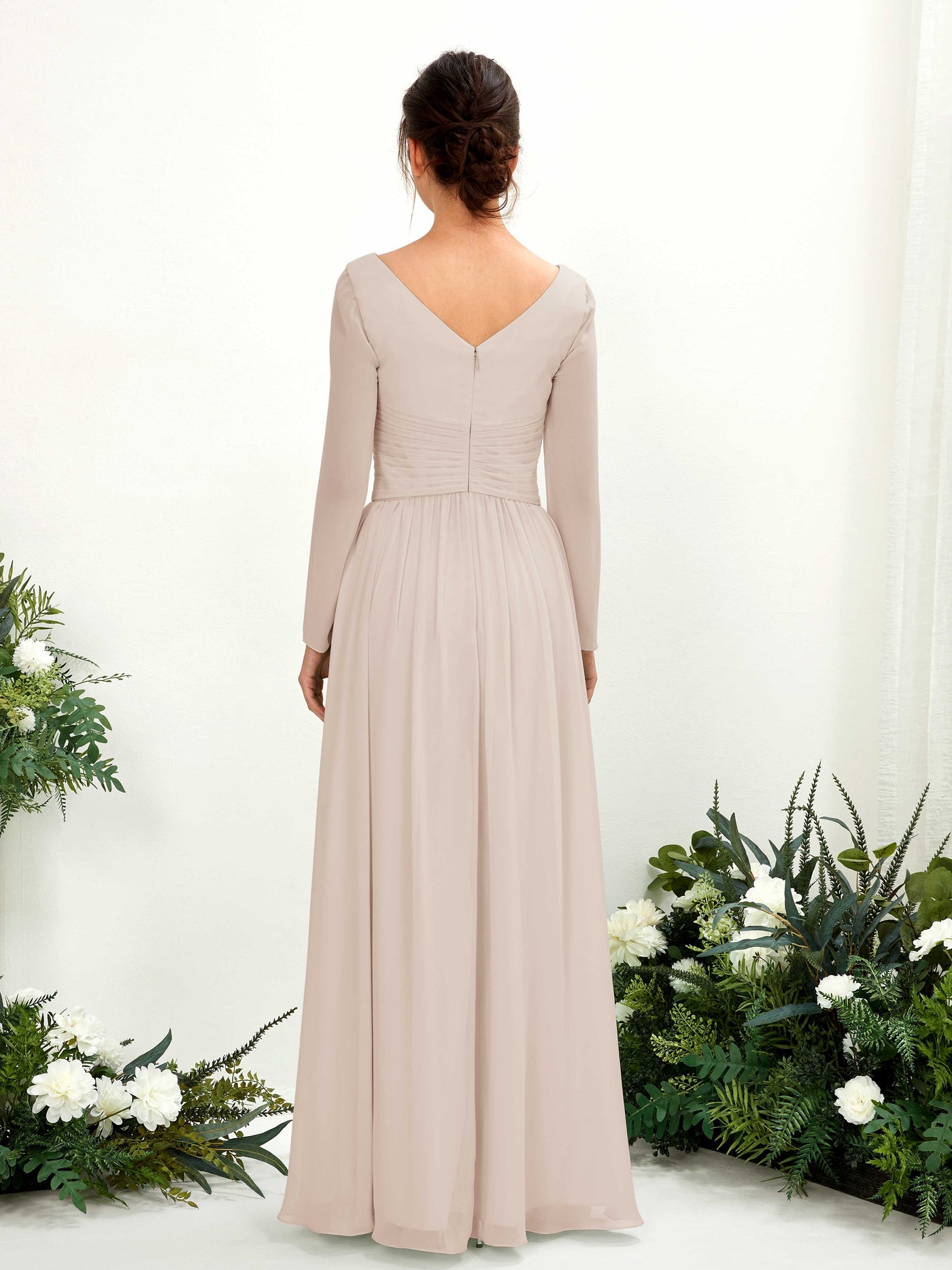 Champagne Bridesmaid Dresses Bridesmaid Dress A-line Chiffon V-neck Full Length Long Sleeves Wedding Party Dress (81220316)#color_champagne
