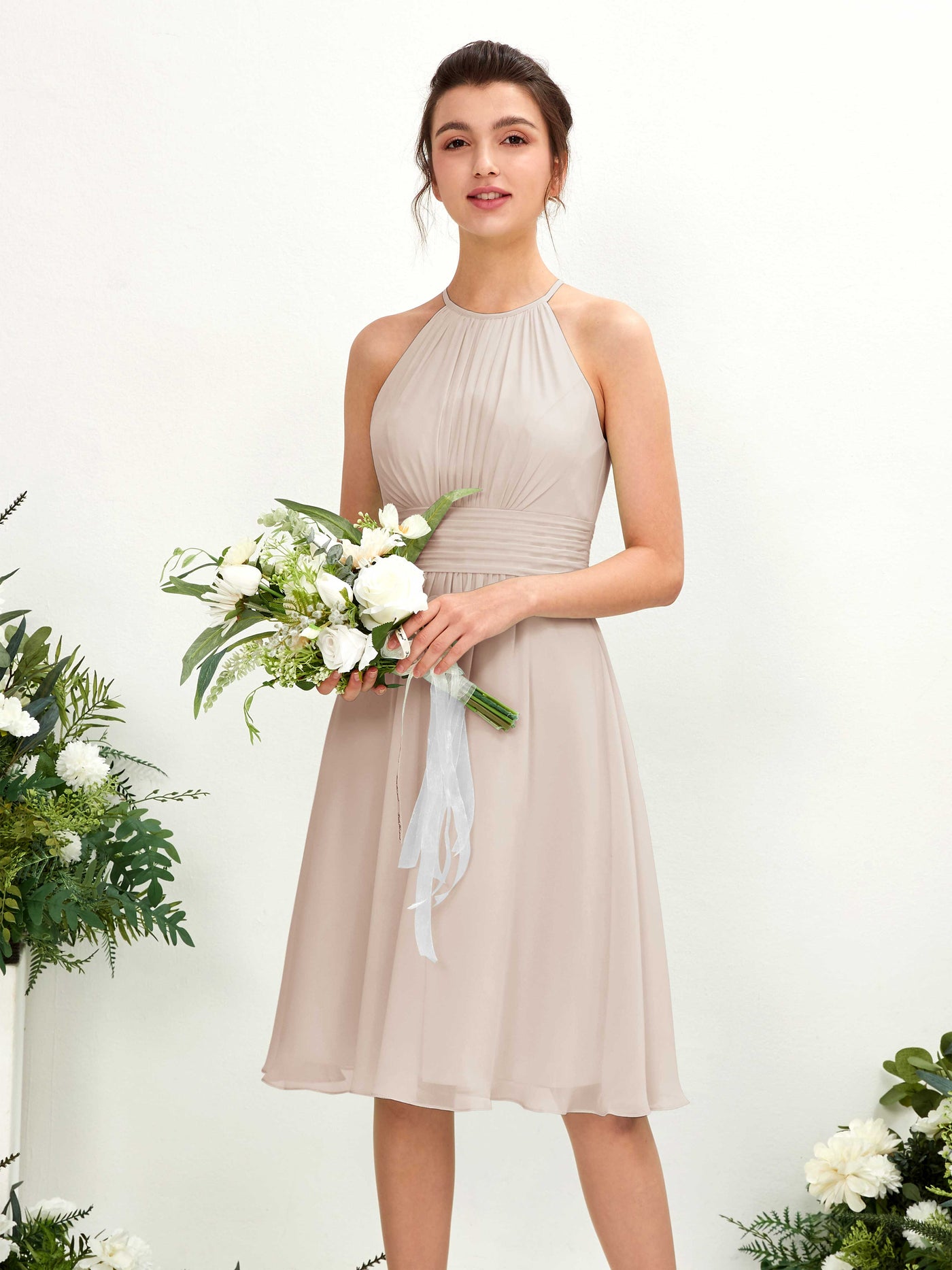 Champagne Bridesmaid Dresses Bridesmaid Dress A-line Chiffon Halter Knee Length Sleeveless Wedding Party Dress (81220116)#color_champagne