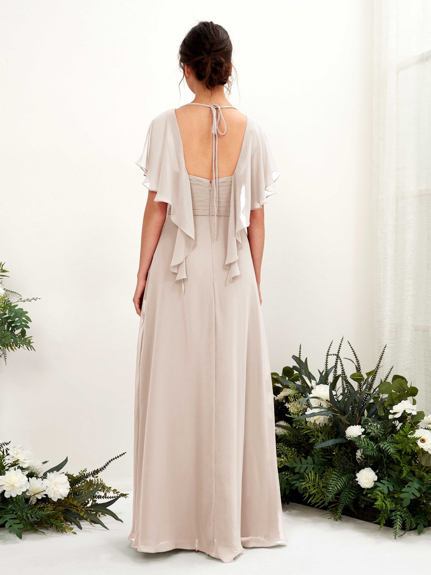 Open back V-neck Short Sleeves Chiffon Bridesmaid Dress - Champagne (81226116)#color_champagne