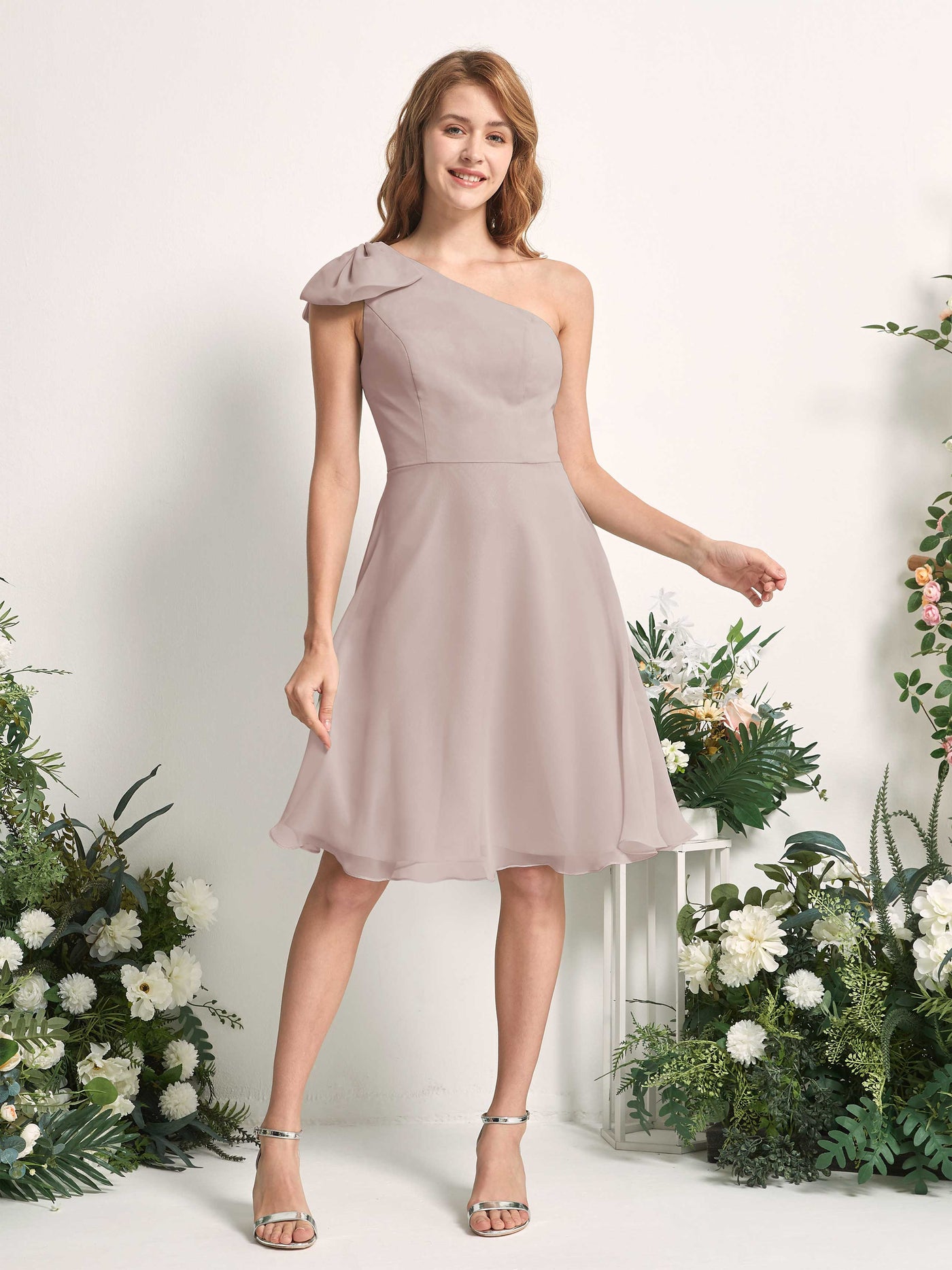 Bridesmaid Dress A-line Chiffon One Shoulder Knee Length Sleeveless Wedding Party Dress - Taupe (81227024)#color_taupe