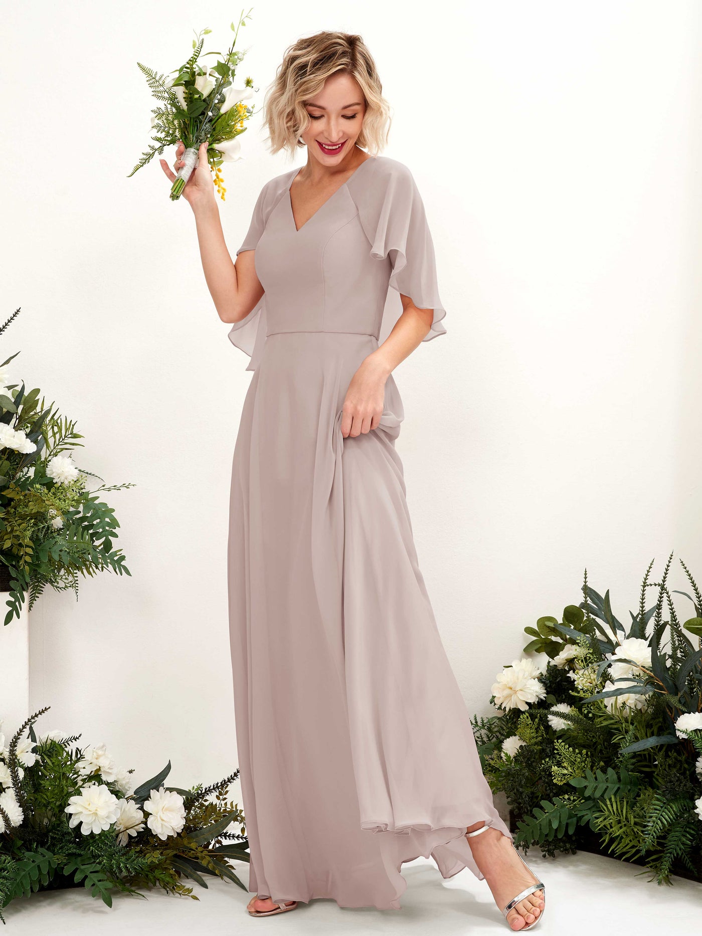 Taupe Bridesmaid Dresses Bridesmaid Dress A-line Chiffon V-neck Full Length Short Sleeves Wedding Party Dress (81224424)#color_taupe