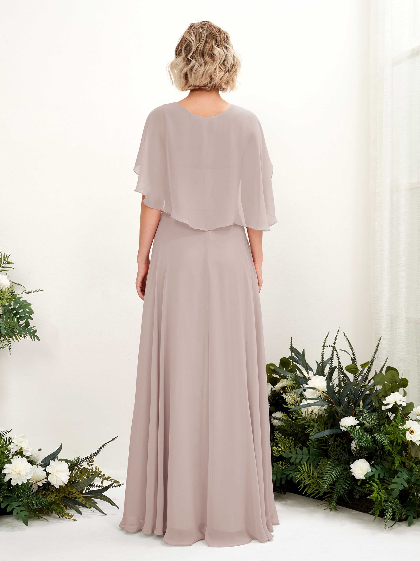 Taupe Bridesmaid Dresses Bridesmaid Dress A-line Chiffon V-neck Full Length Short Sleeves Wedding Party Dress (81224424)#color_taupe