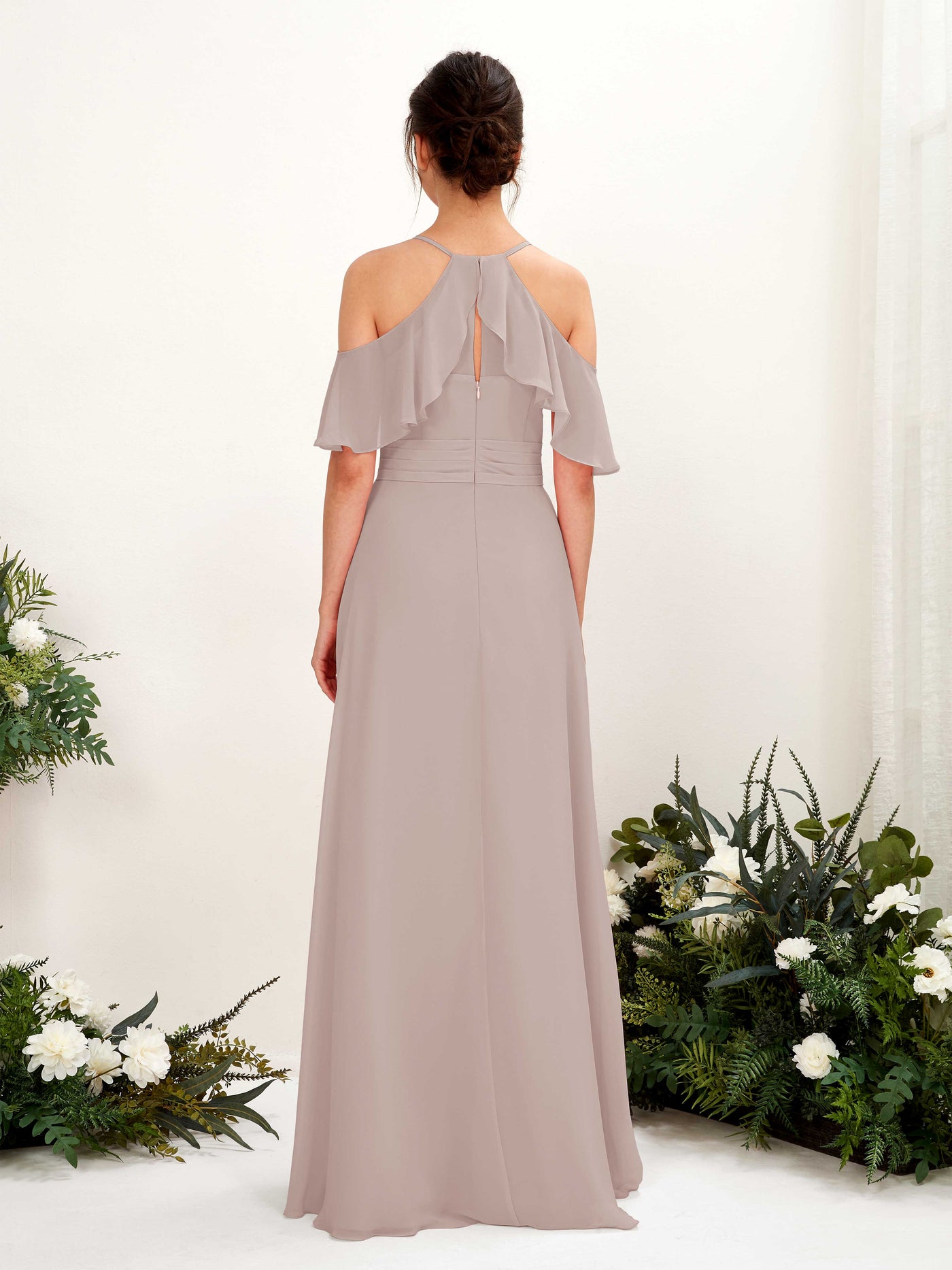 Ball Gown Off Shoulder Spaghetti-straps Chiffon Bridesmaid Dress - Taupe (81221724)#color_taupe