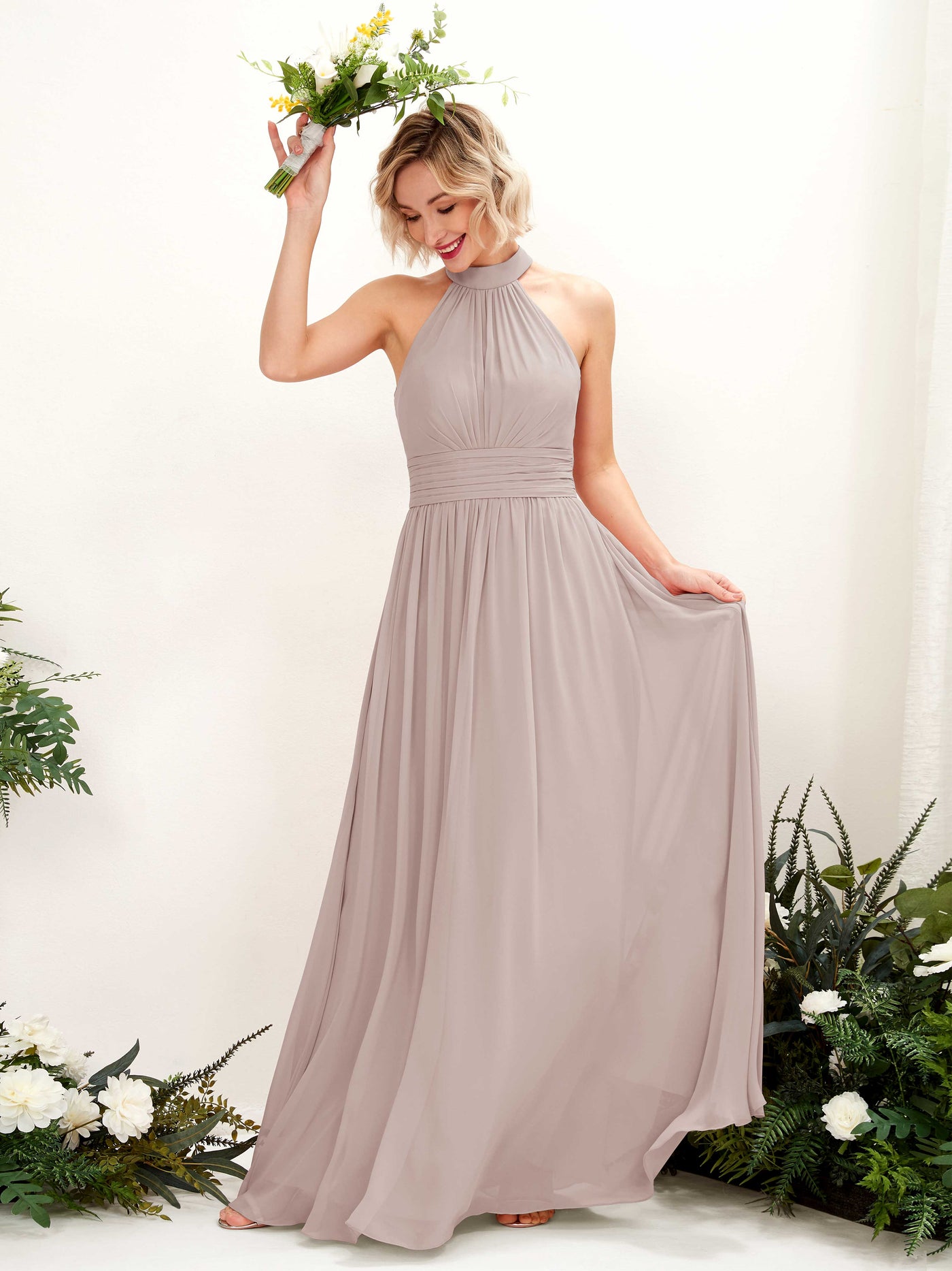 Taupe Bridesmaid Dresses Bridesmaid Dress A-line Chiffon Halter Full Length Sleeveless Wedding Party Dress (81225324)#color_taupe