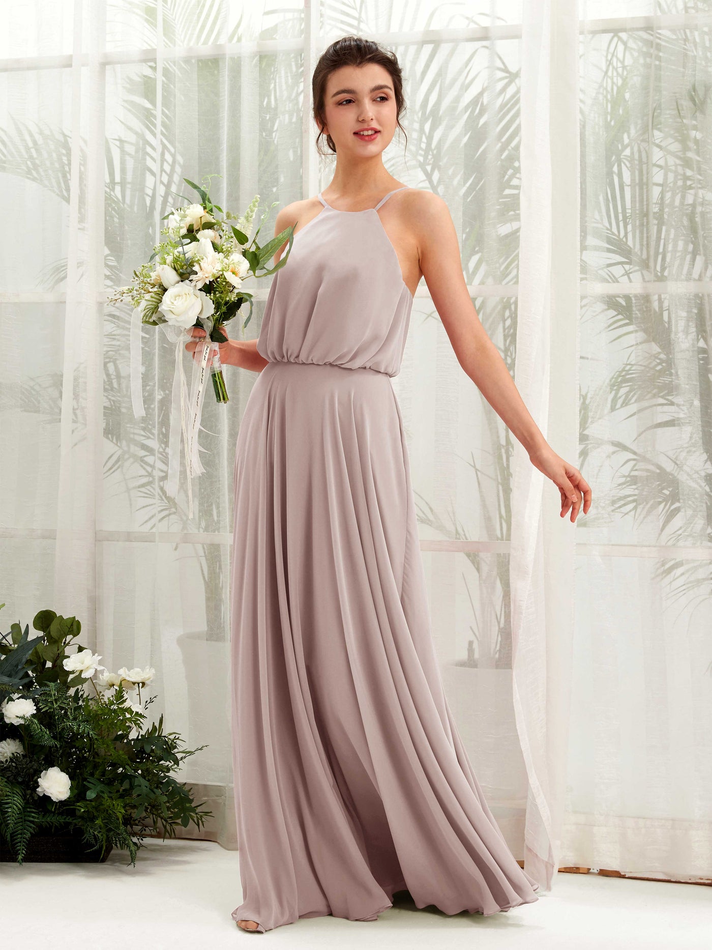 Taupe Bridesmaid Dresses Bridesmaid Dress Ball Gown Chiffon Halter Full Length Sleeveless Wedding Party Dress (81223424)#color_taupe
