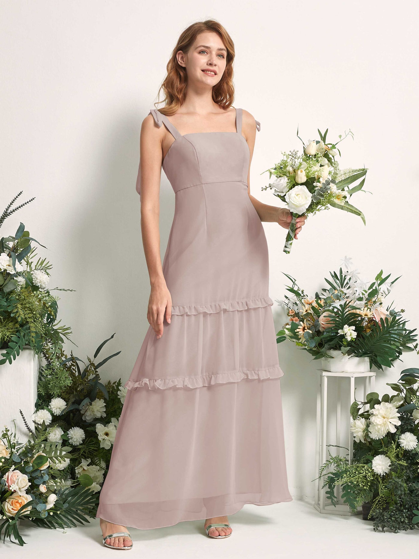 Bridesmaid Dress Chiffon Straps Full Length Sleeveless Wedding Party Dress - Taupe (81227524)#color_taupe