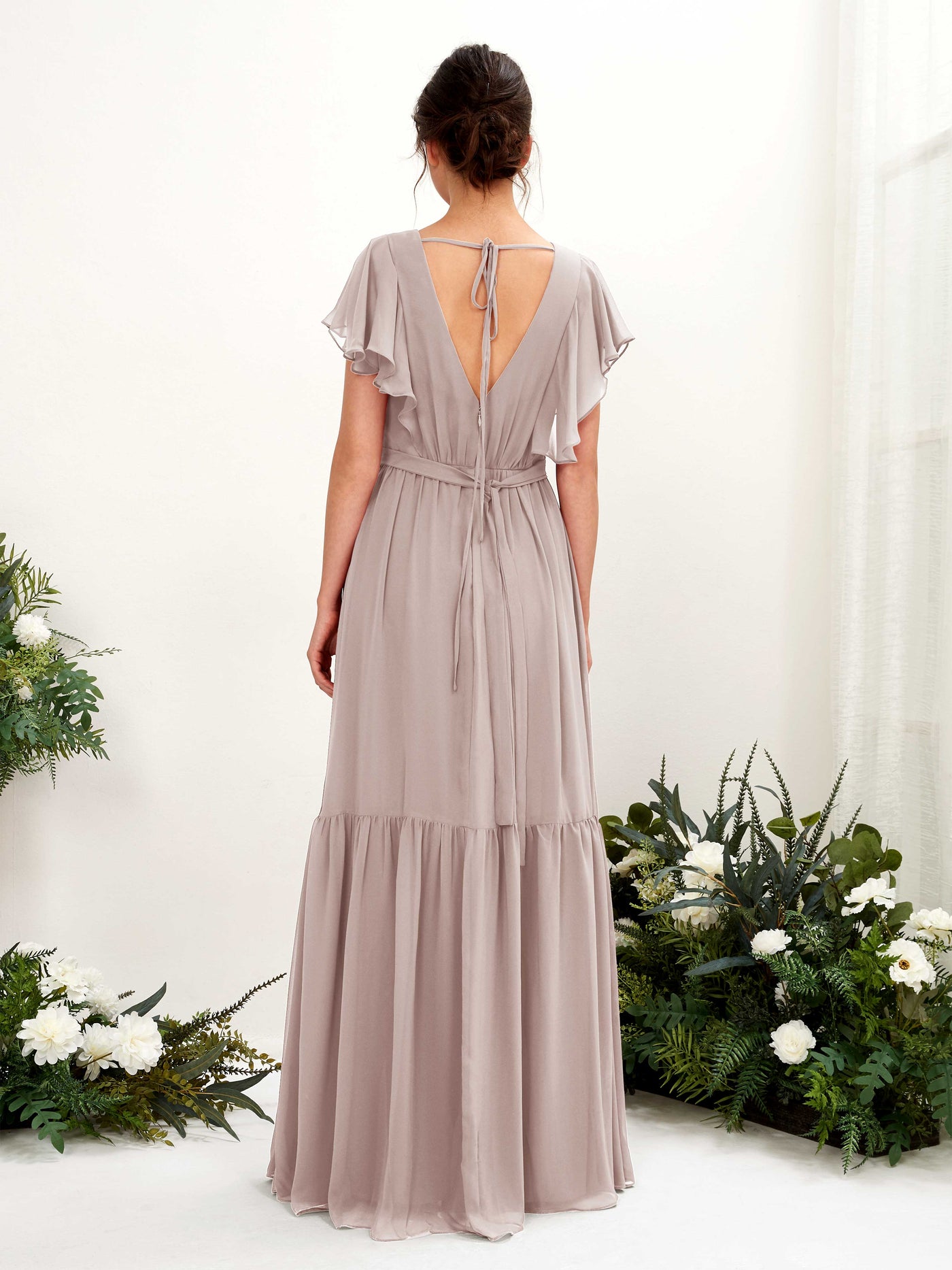 Taupe Bridesmaid Dresses Bridesmaid Dress A-line Chiffon V-neck Full Length Short Sleeves Wedding Party Dress (81225924)#color_taupe