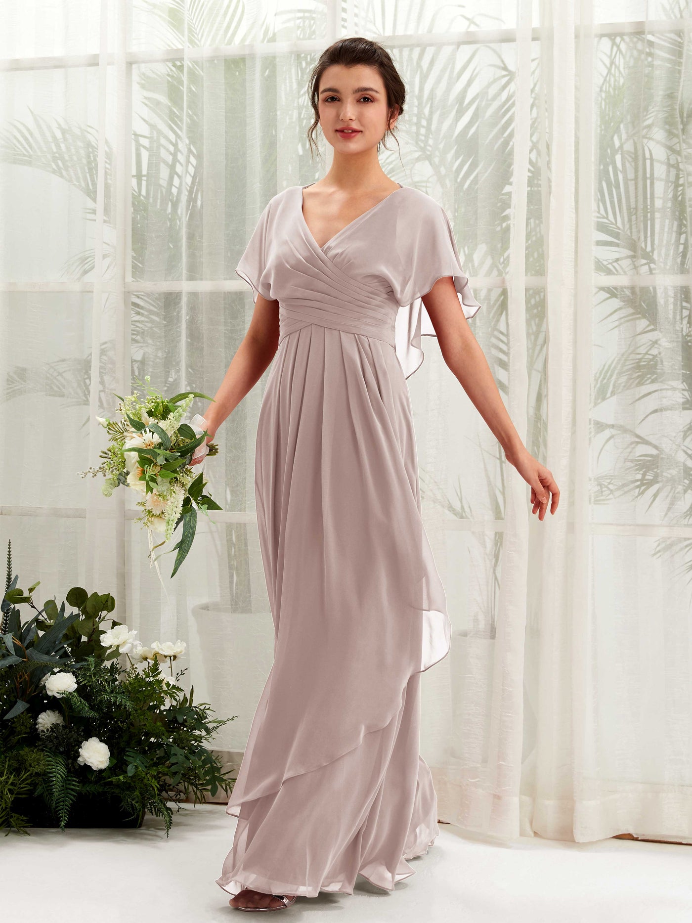 Open back V-neck Short Sleeves Chiffon Bridesmaid Dress - Taupe (81226124)#color_taupe