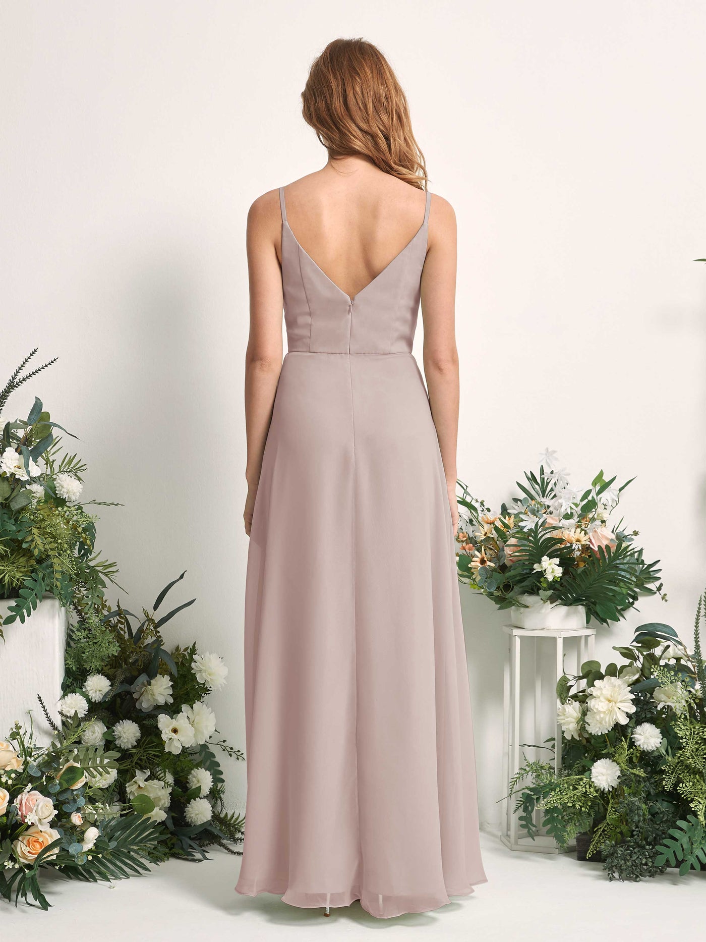Bridesmaid Dress A-line Chiffon Spaghetti-straps Full Length Sleeveless Wedding Party Dress - Taupe (81227224)#color_taupe