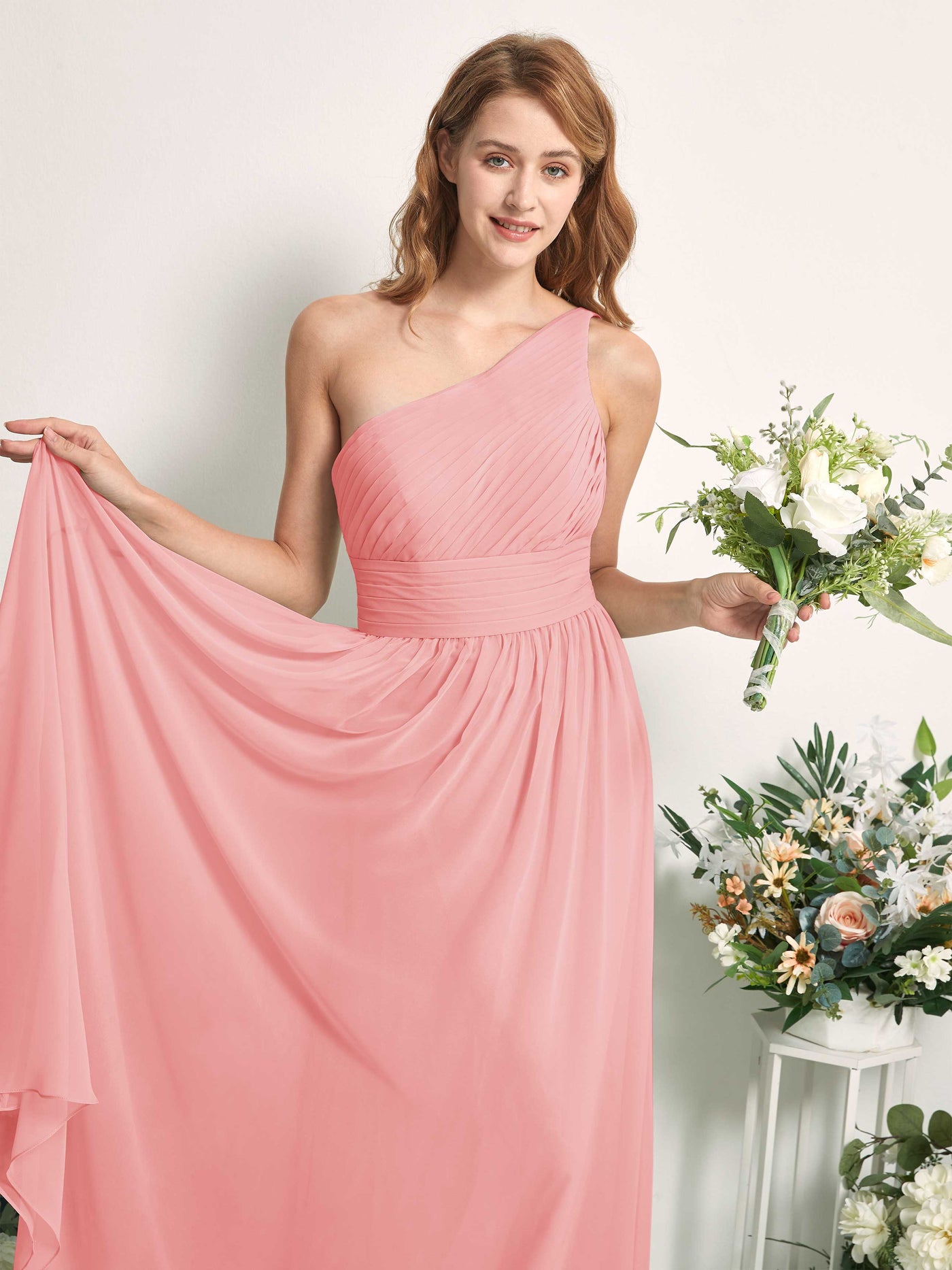 Bridesmaid Dress A-line Chiffon One Shoulder Full Length Sleeveless Wedding Party Dress - Ballet Pink (81226740)#color_ballet-pink