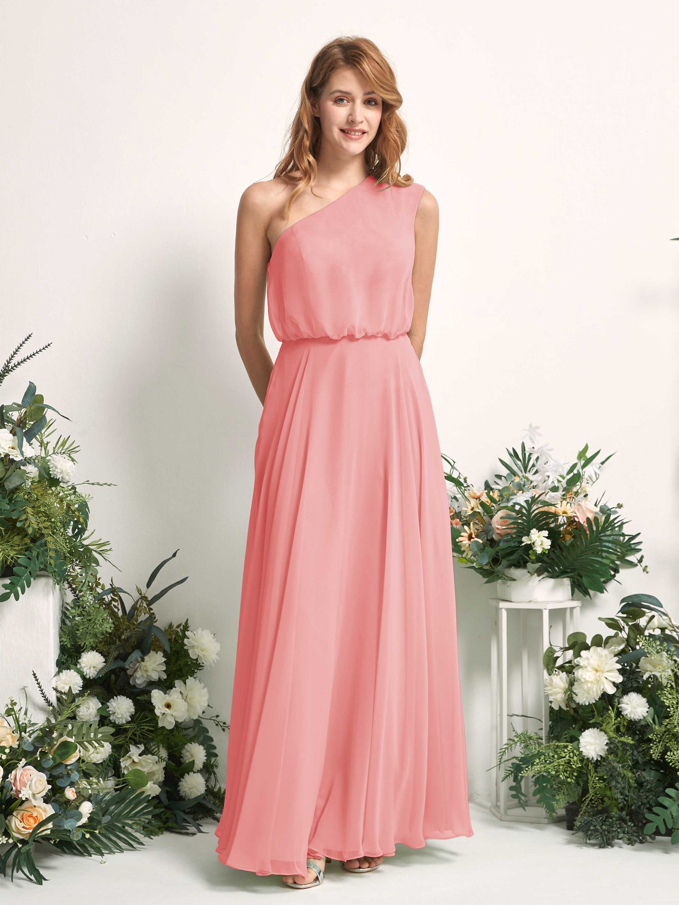 Bridesmaid Dress A-line Chiffon One Shoulder Full Length Sleeveless Wedding Party Dress - Ballet Pink (81226840)#color_ballet-pink