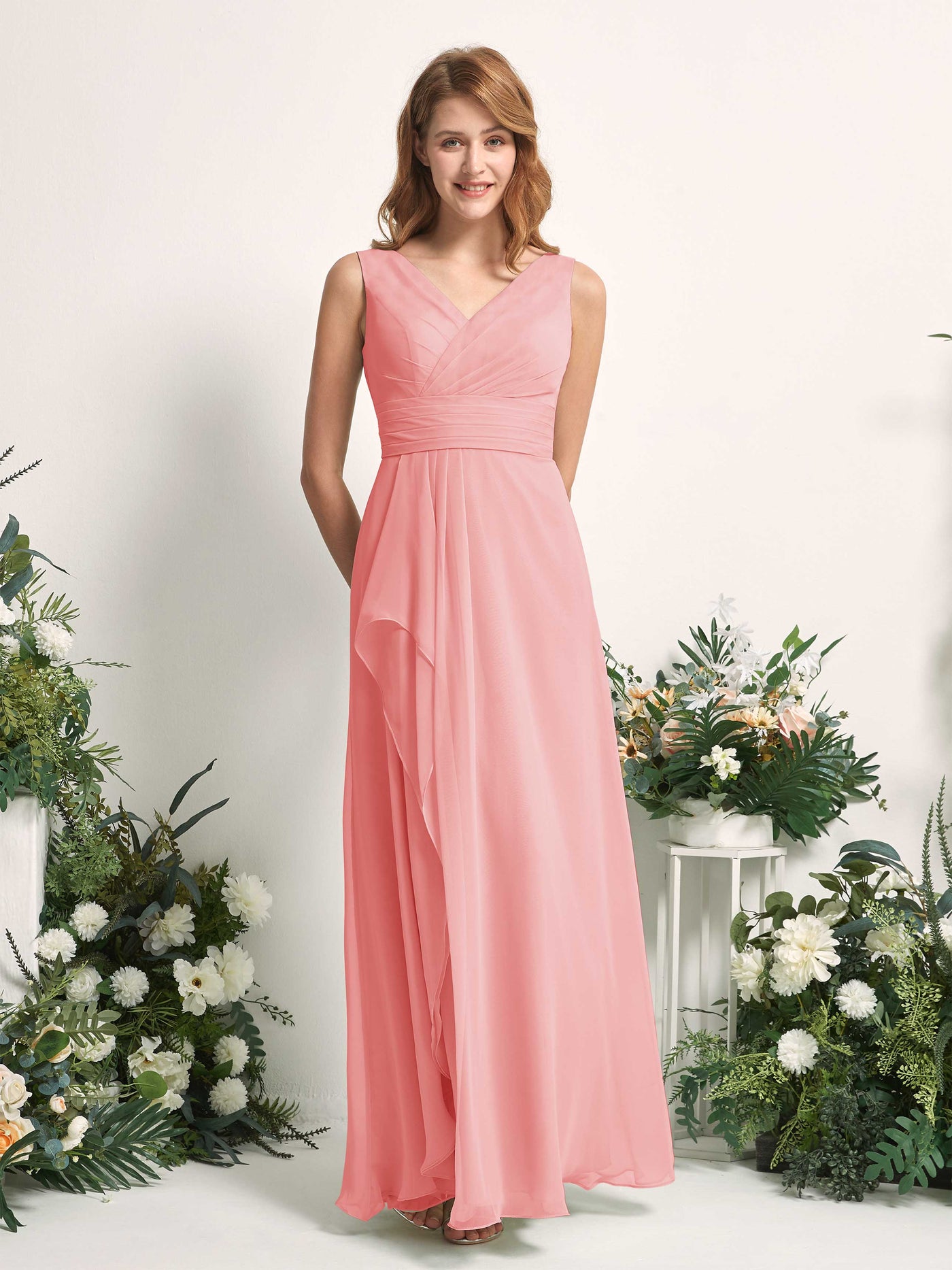 Bridesmaid Dress A-line Chiffon V-neck Full Length Sleeveless Wedding Party Dress - Ballet Pink (81227140)#color_ballet-pink