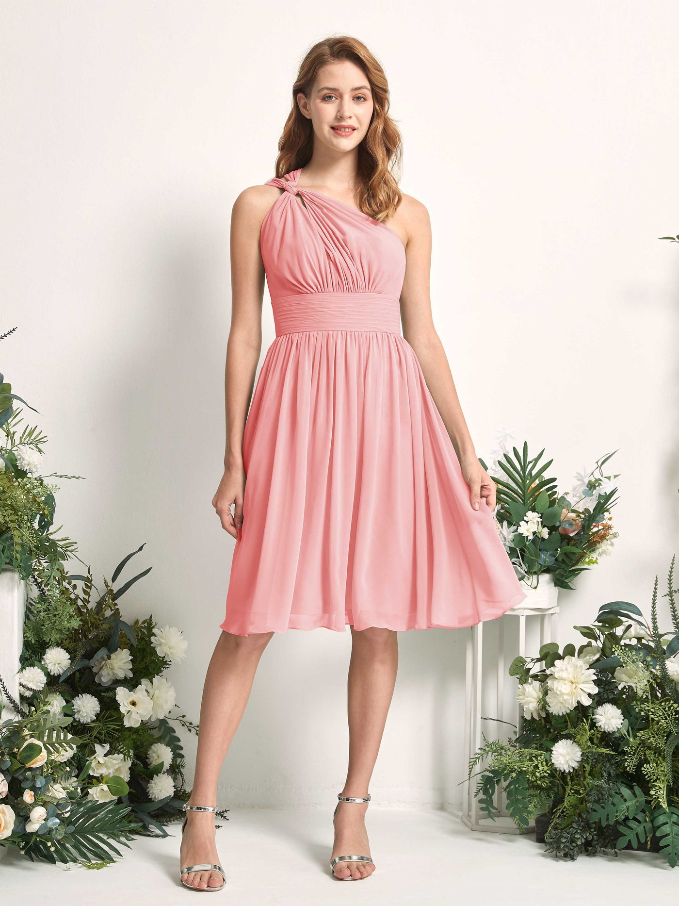 Bridesmaid Dress A-line Chiffon One Shoulder Knee Length Sleeveless Wedding Party Dress - Ballet Pink (81221240)#color_ballet-pink