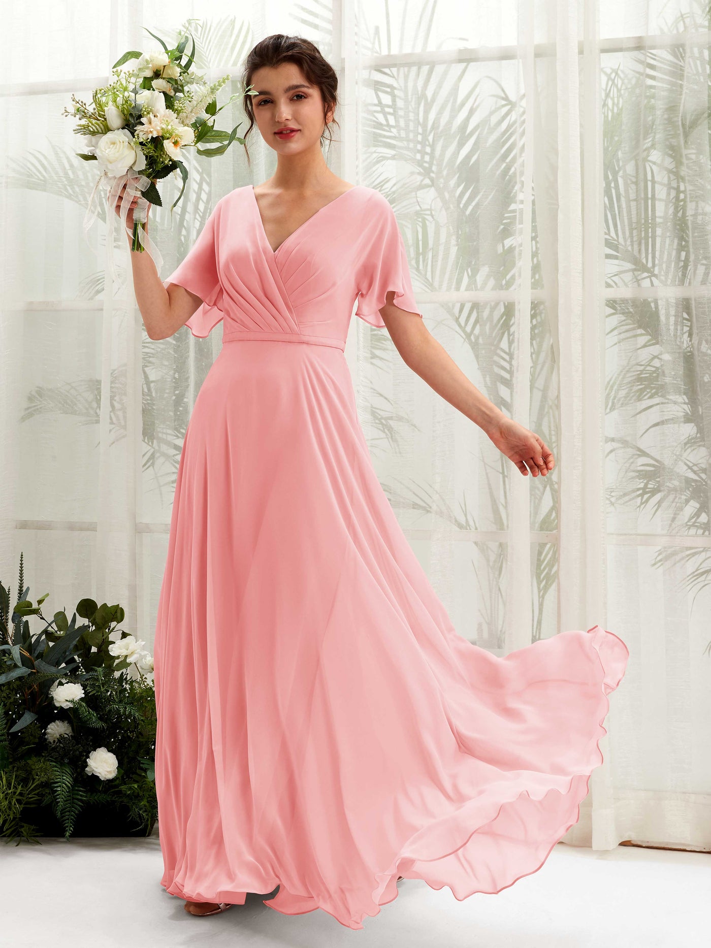 Ballet Pink Bridesmaid Dresses Bridesmaid Dress A-line Chiffon V-neck Full Length Short Sleeves Wedding Party Dress (81224640)#color_ballet-pink