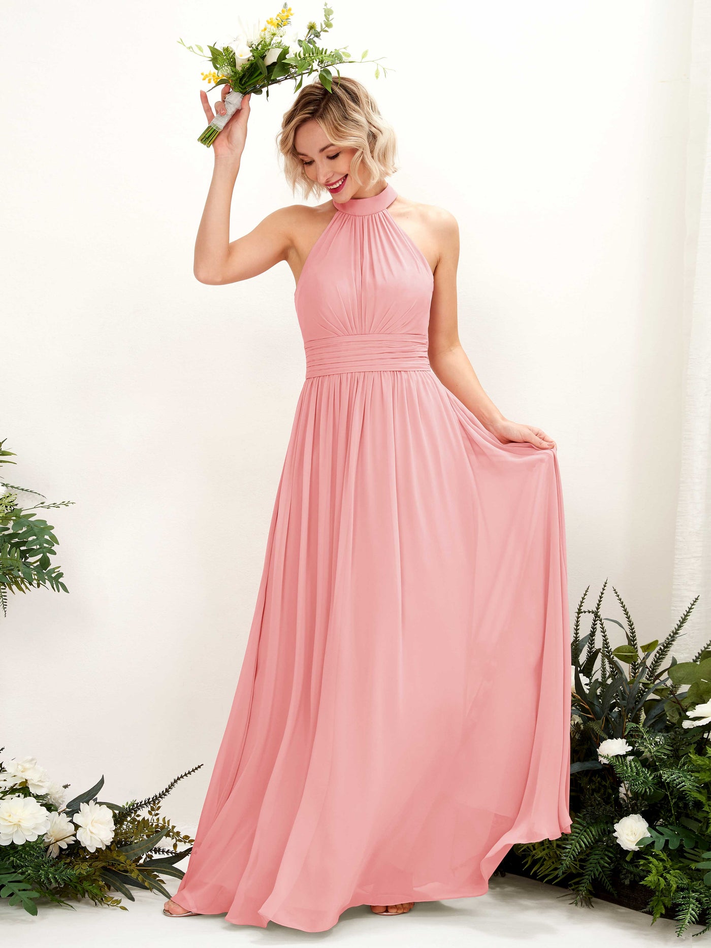 Ballet Pink Bridesmaid Dresses Bridesmaid Dress A-line Chiffon Halter Full Length Sleeveless Wedding Party Dress (81225340)#color_ballet-pink
