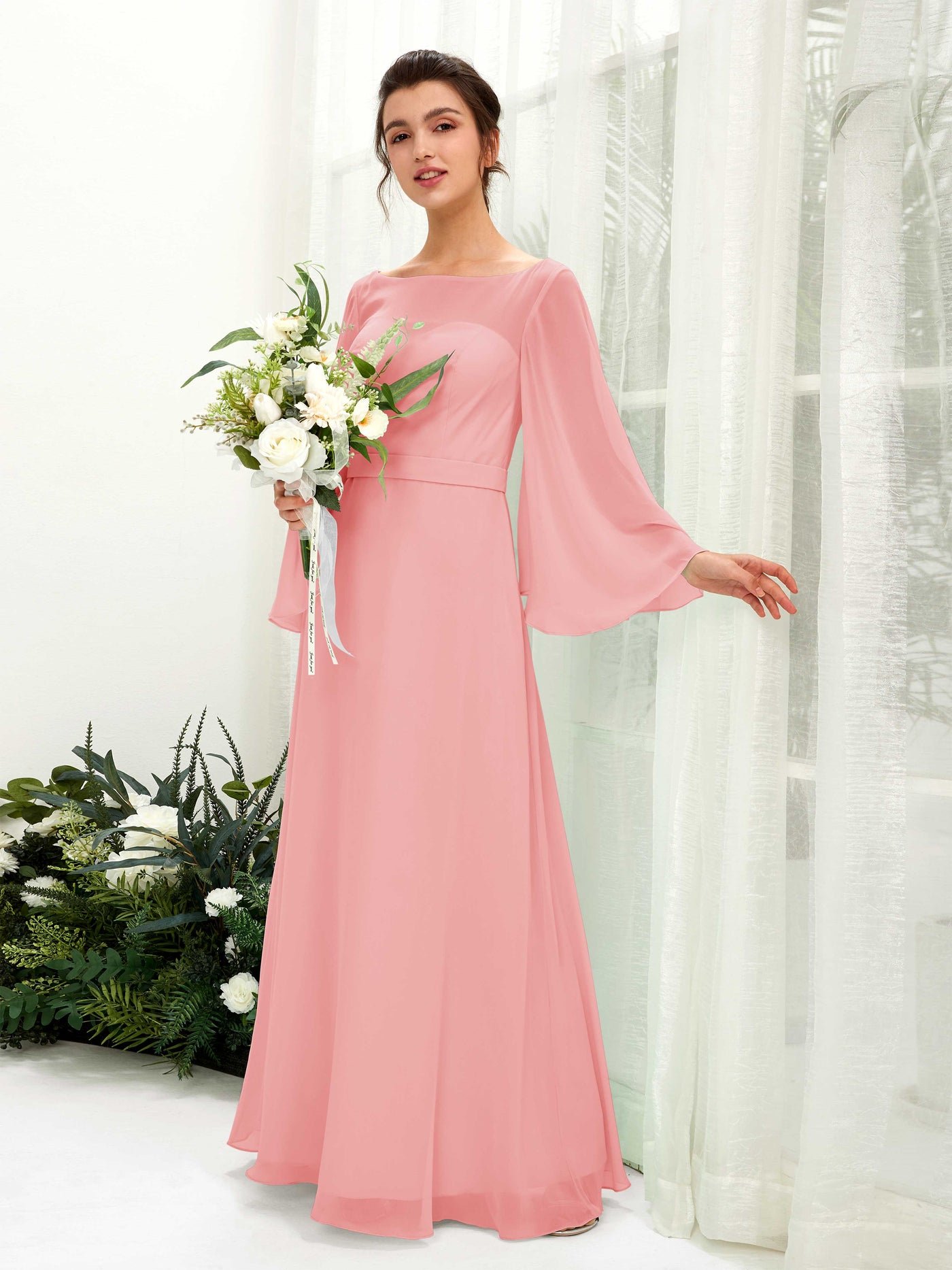 Ballet Pink Bridesmaid Dresses Bridesmaid Dress A-line Chiffon Bateau Full Length Long Sleeves Wedding Party Dress (81220540)#color_ballet-pink