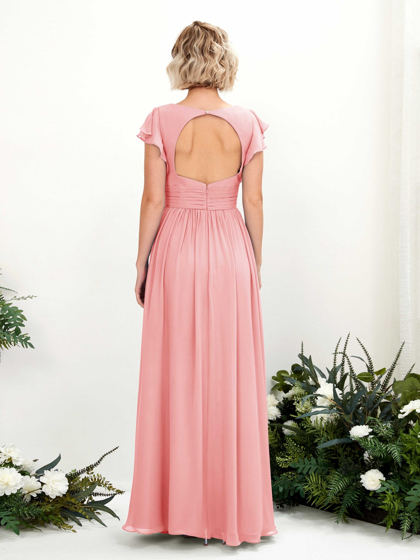 Ballet Pink Bridesmaid Dresses Bridesmaid Dress A-line Chiffon V-neck Full Length Short Sleeves Wedding Party Dress (81222740)#color_ballet-pink