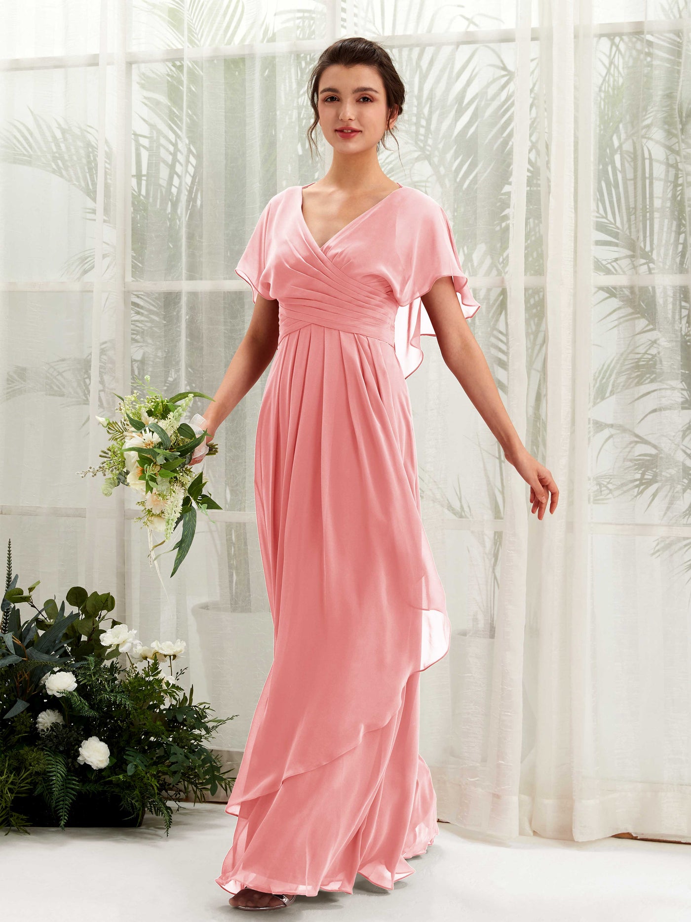 Open back V-neck Short Sleeves Chiffon Bridesmaid Dress - Ballet Pink (81226140)#color_ballet-pink