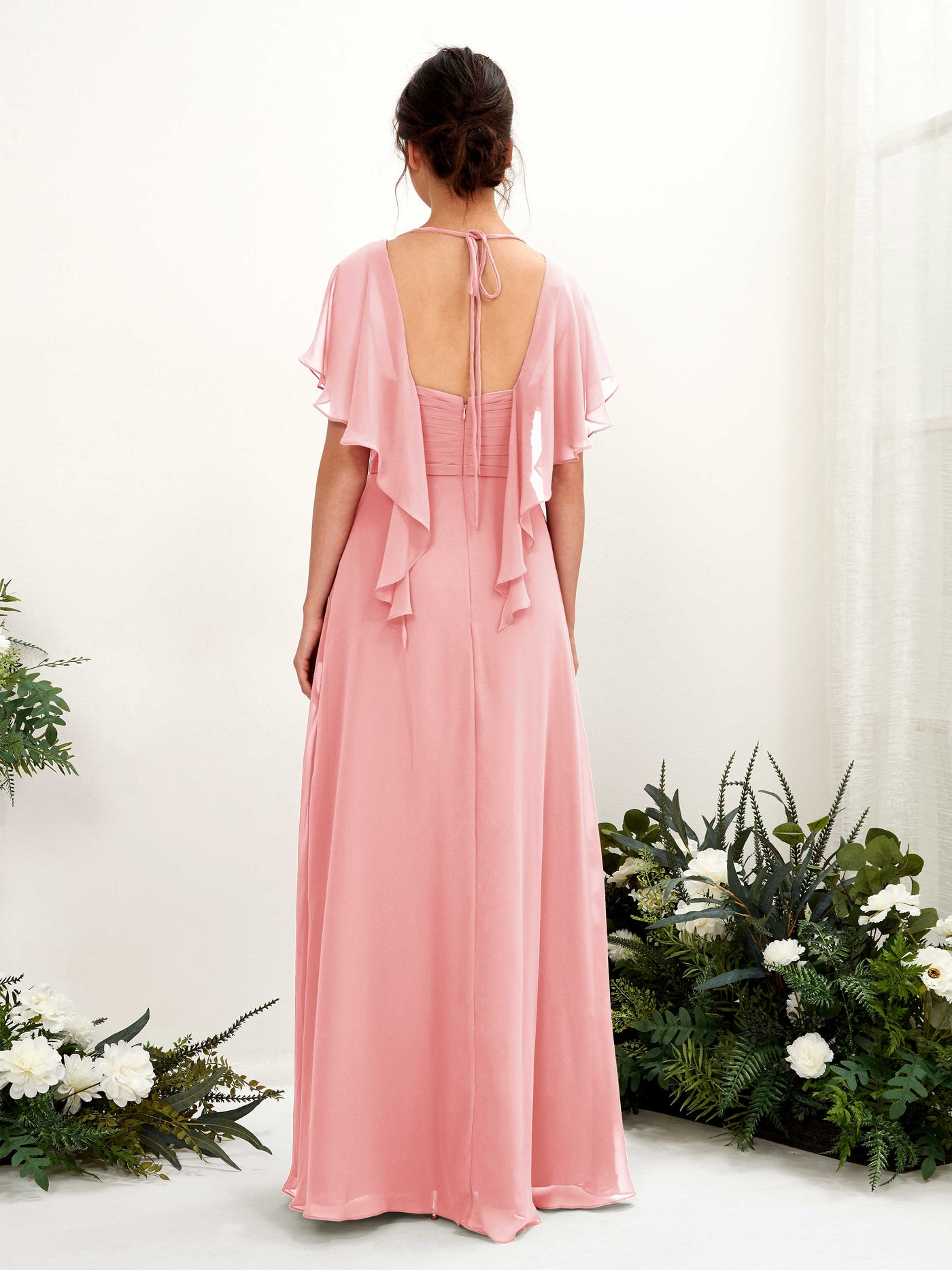 Open back V-neck Short Sleeves Chiffon Bridesmaid Dress - Ballet Pink (81226140)#color_ballet-pink