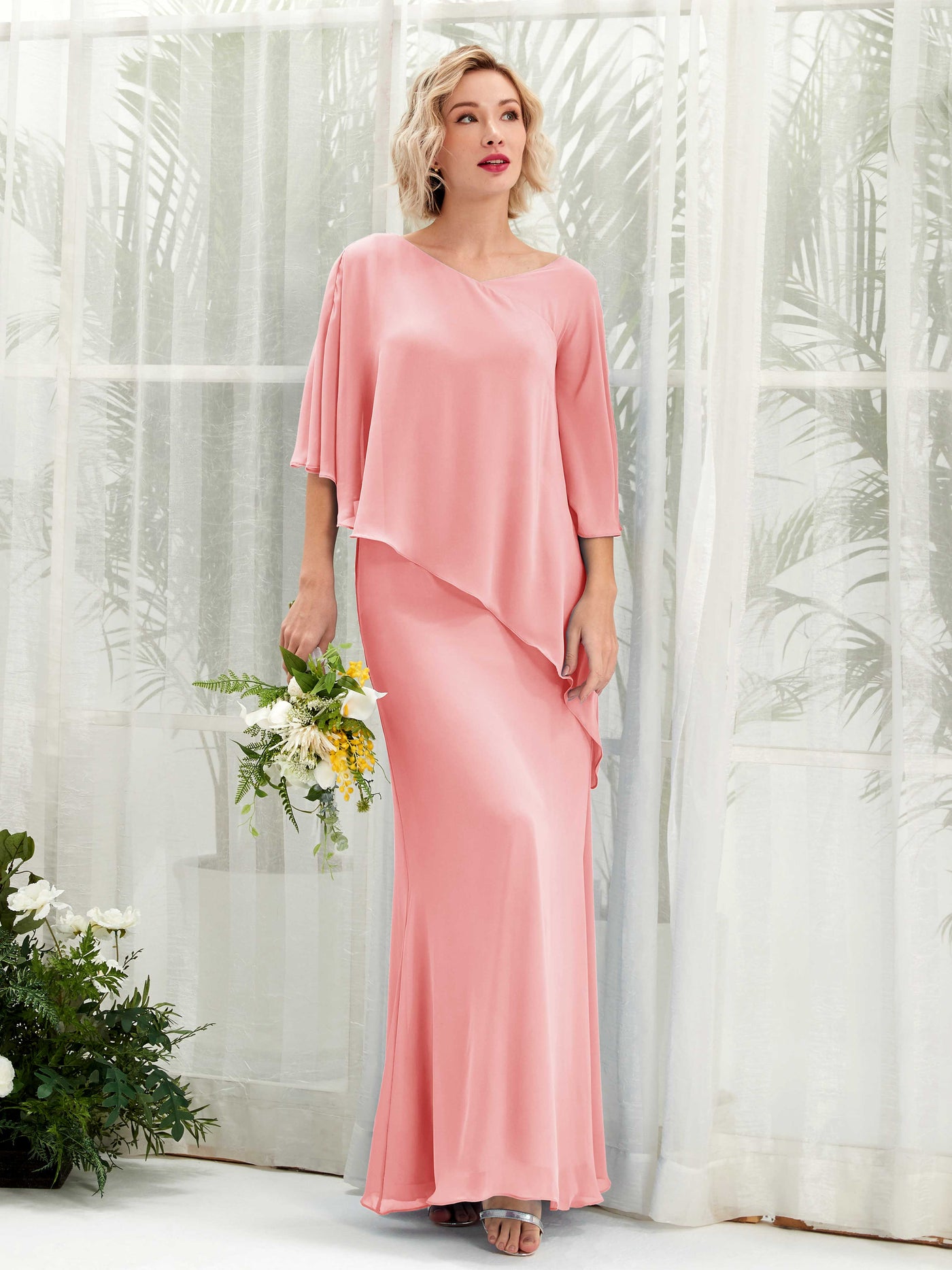 Ballet Pink Bridesmaid Dresses Bridesmaid Dress Bohemian Chiffon V-neck Full Length 3/4 Sleeves Wedding Party Dress (81222540)#color_ballet-pink