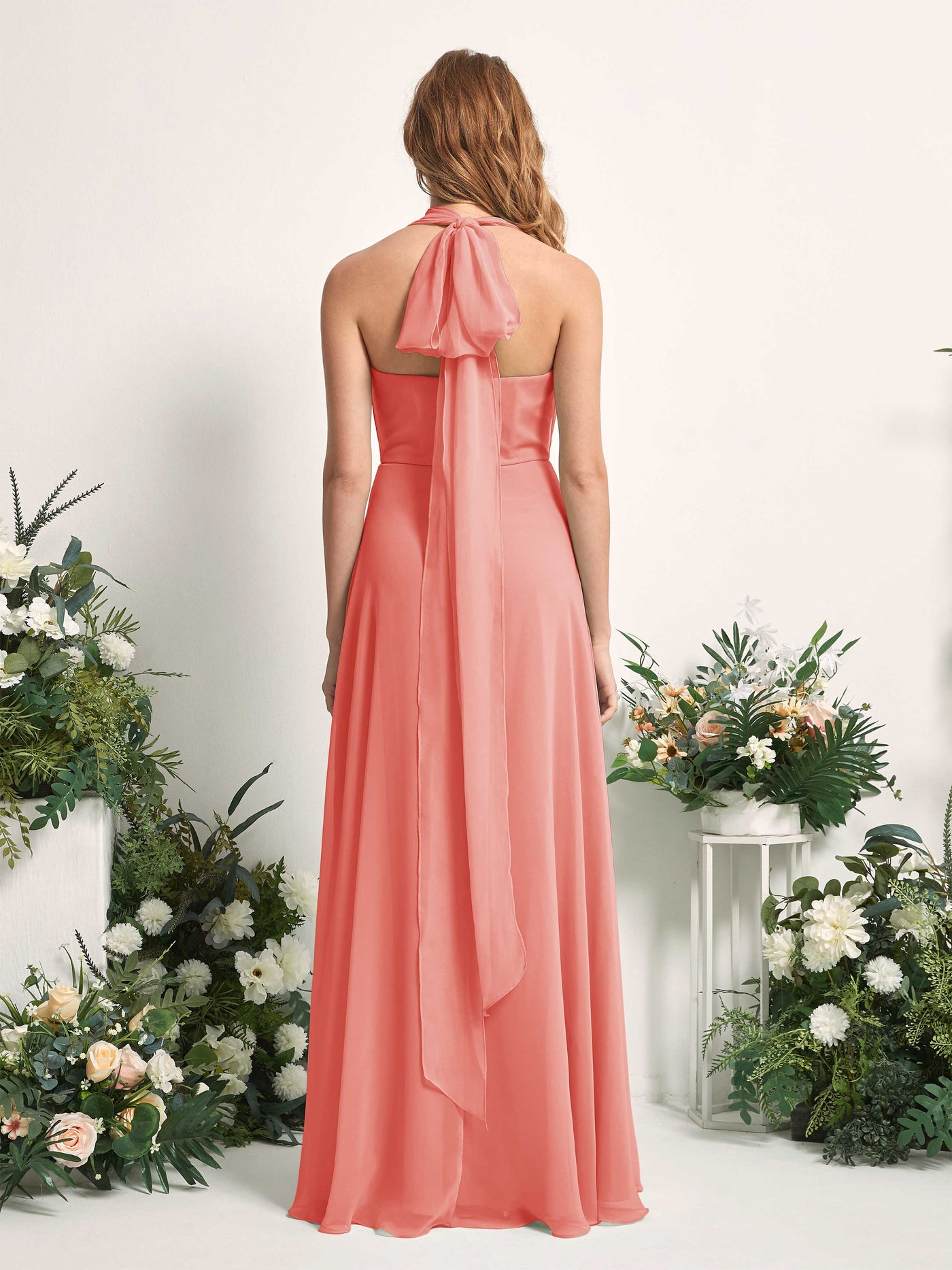 Peach Pink Bridesmaid Dresses Bridesmaid Dress A-line Chiffon Halter Full Length Short Sleeves Wedding Party Dress (81226329)#color_peach-pink