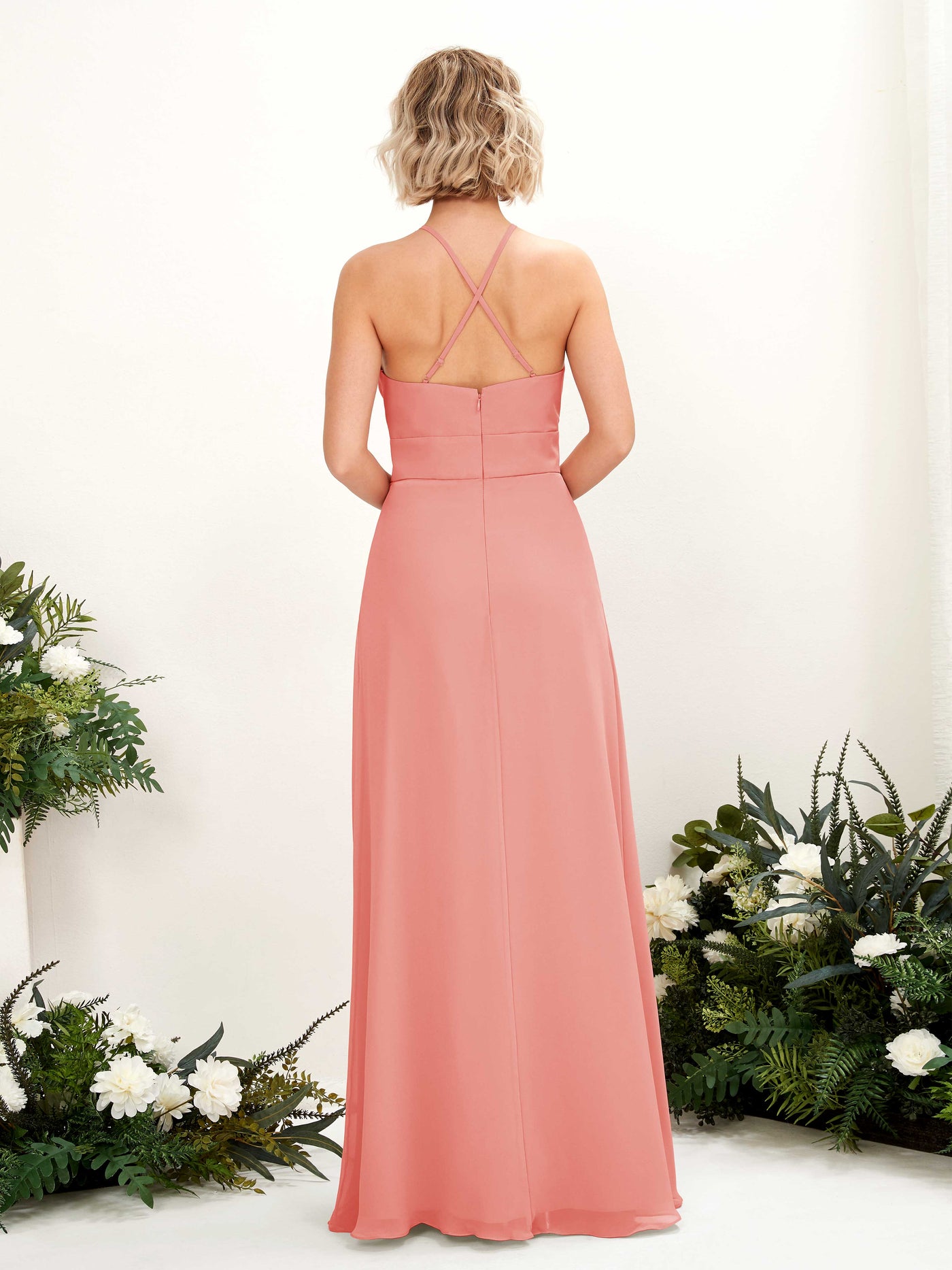 Peach Pink Bridesmaid Dresses Bridesmaid Dress A-line Chiffon Halter Full Length Sleeveless Wedding Party Dress (81225229)#color_peach-pink